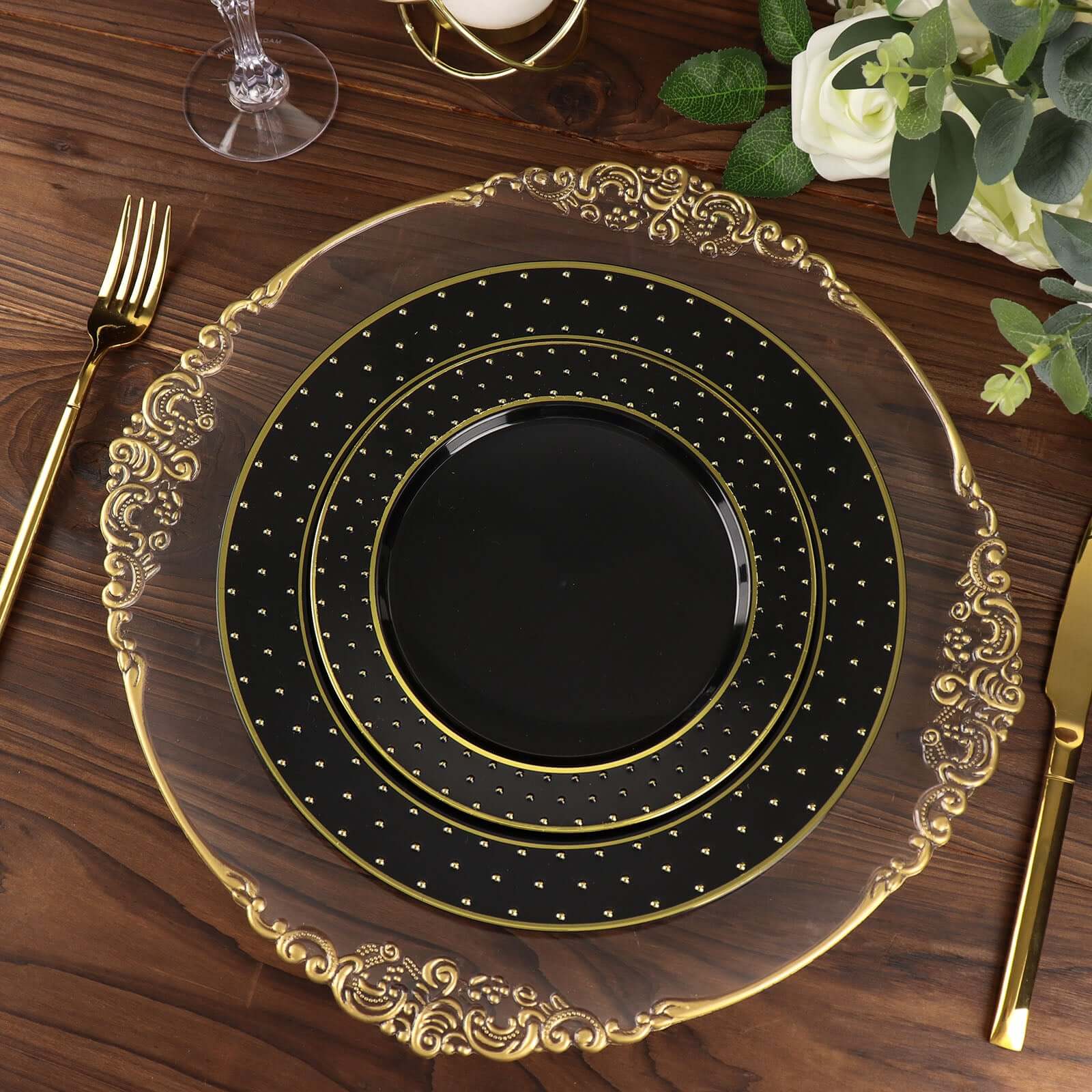 10-Pack Plastic 7.5" Round Dessert Plates in Black with Gold 3D Polka Dotted Rim - Durable Disposable Appetizer Salad Plates for Modern Themed Events & Banquets