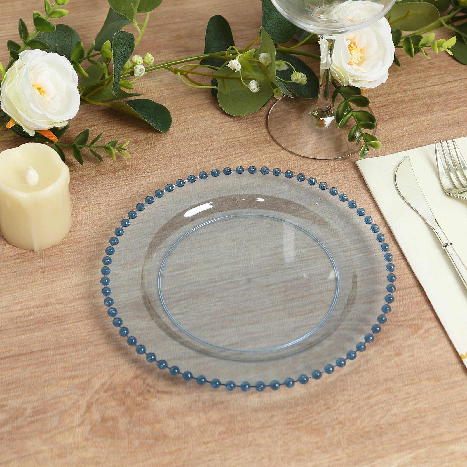 10-Pack Transparent Dusty Blue Plastic Dessert Plates – 8" Round with Beaded Rim, Disposable for Parties & Events