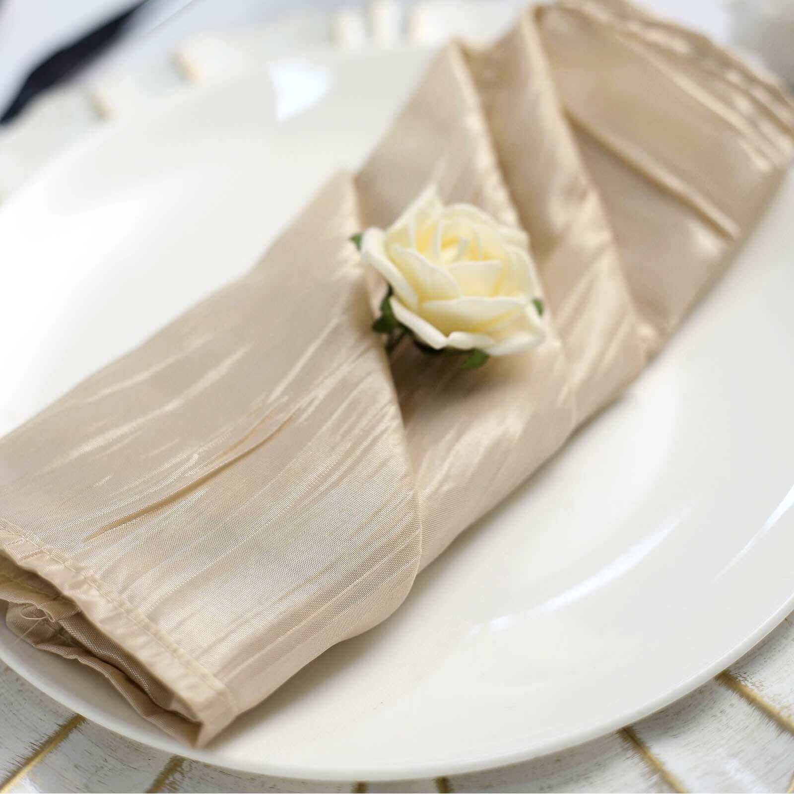 5 Pack Taffeta 20"x20" Napkins Beige - Accordion Crinkle Dinner Napkins