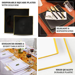 10-Pack Plastic 10" Square Dinner Plates in Taupe Concave Style with Gold Rim - Modern Disposable Party Plates