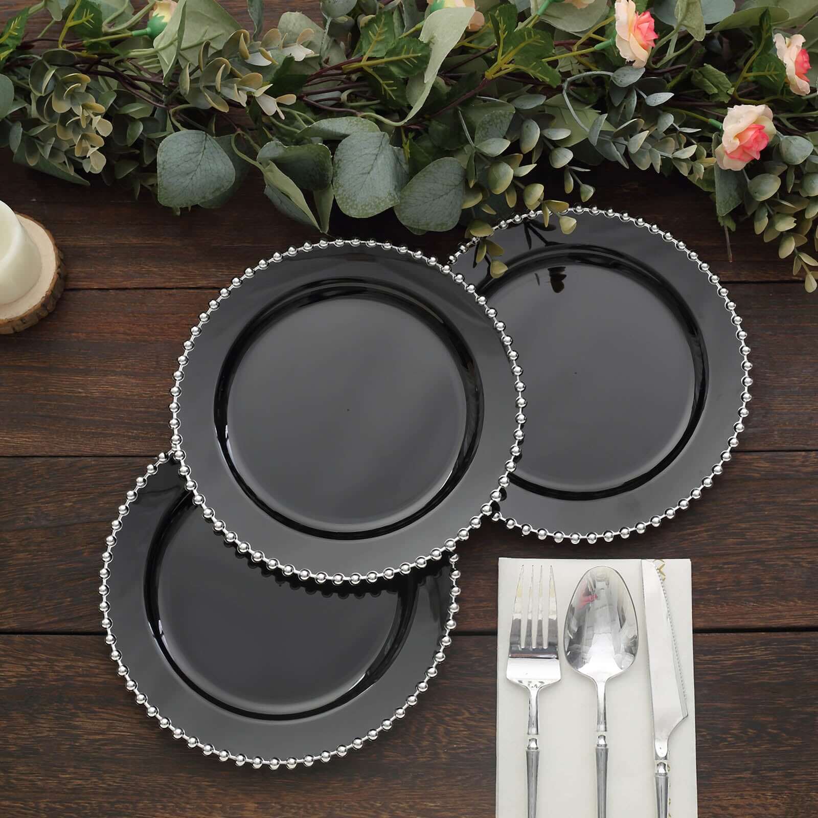 10-Pack Black Plastic Dessert Plates – 8" Round with Silver Beaded Rim, Disposable for Parties & Events