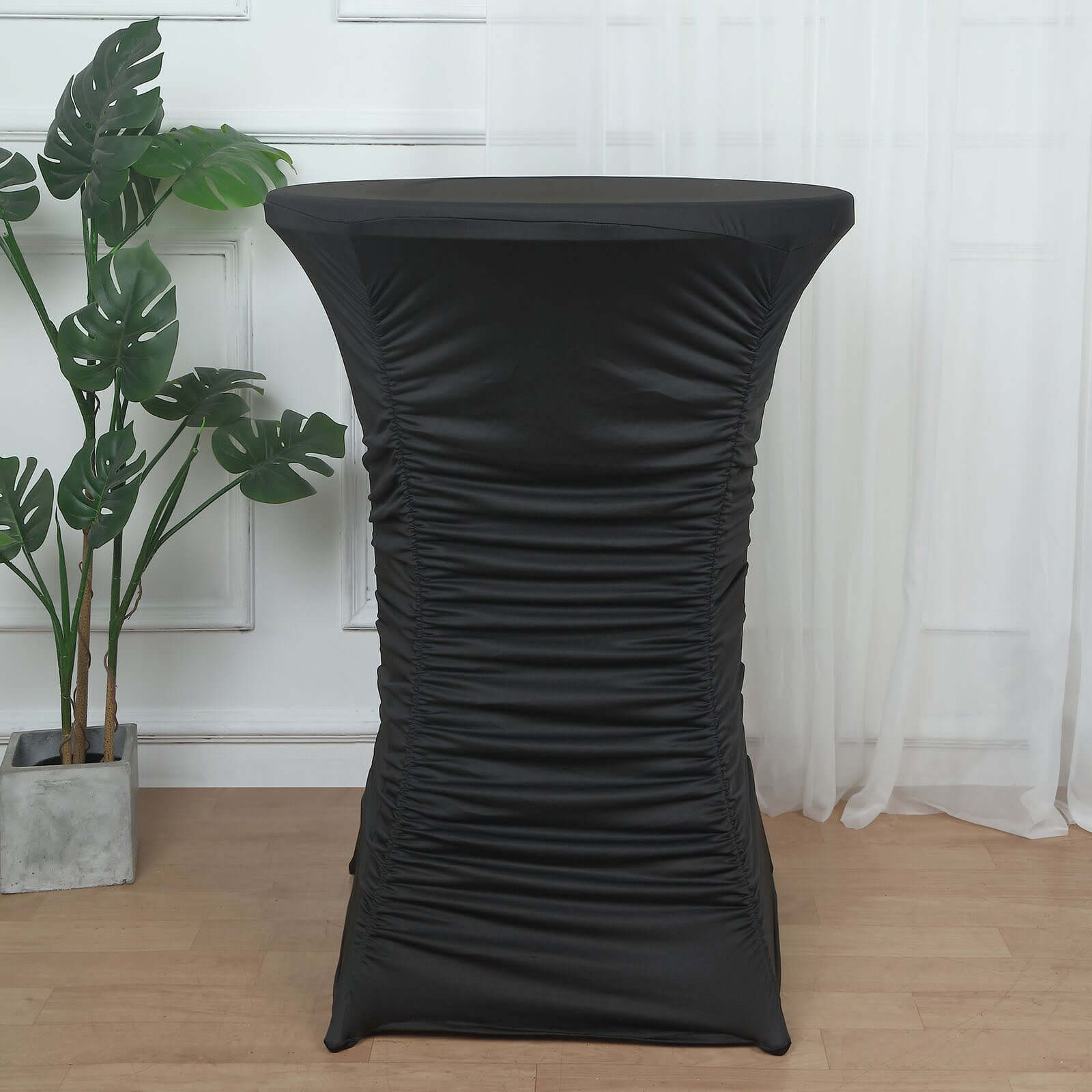 Heavy Duty Spandex 30" Fitted Round Cocktail Table Cover Black Ruched Pleated - Durable Stretch Design