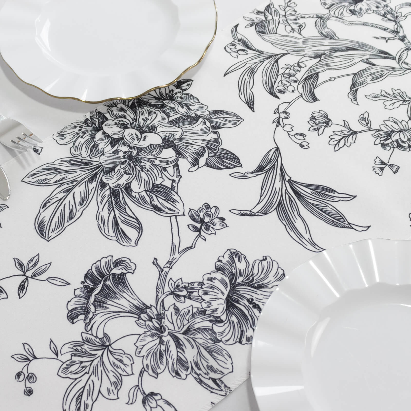 Polyester Table Runner 12"x108" White with Black French Toile Floral Print Reusable Table Décor