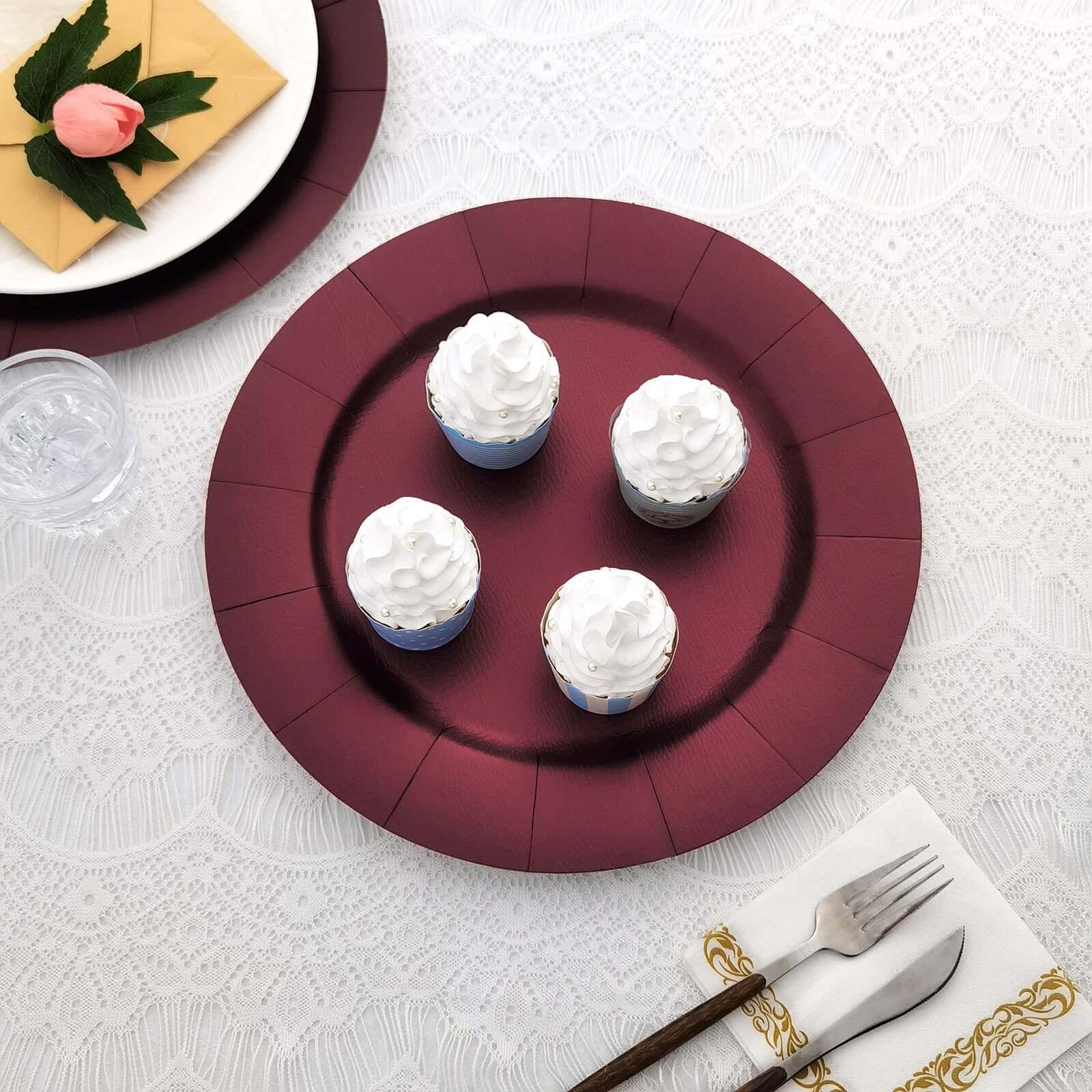 10-Pack Disposable Round Charger Plates in Burgundy with Leathery Texture - Durable 1100GSM Cardboard Placemats 13"