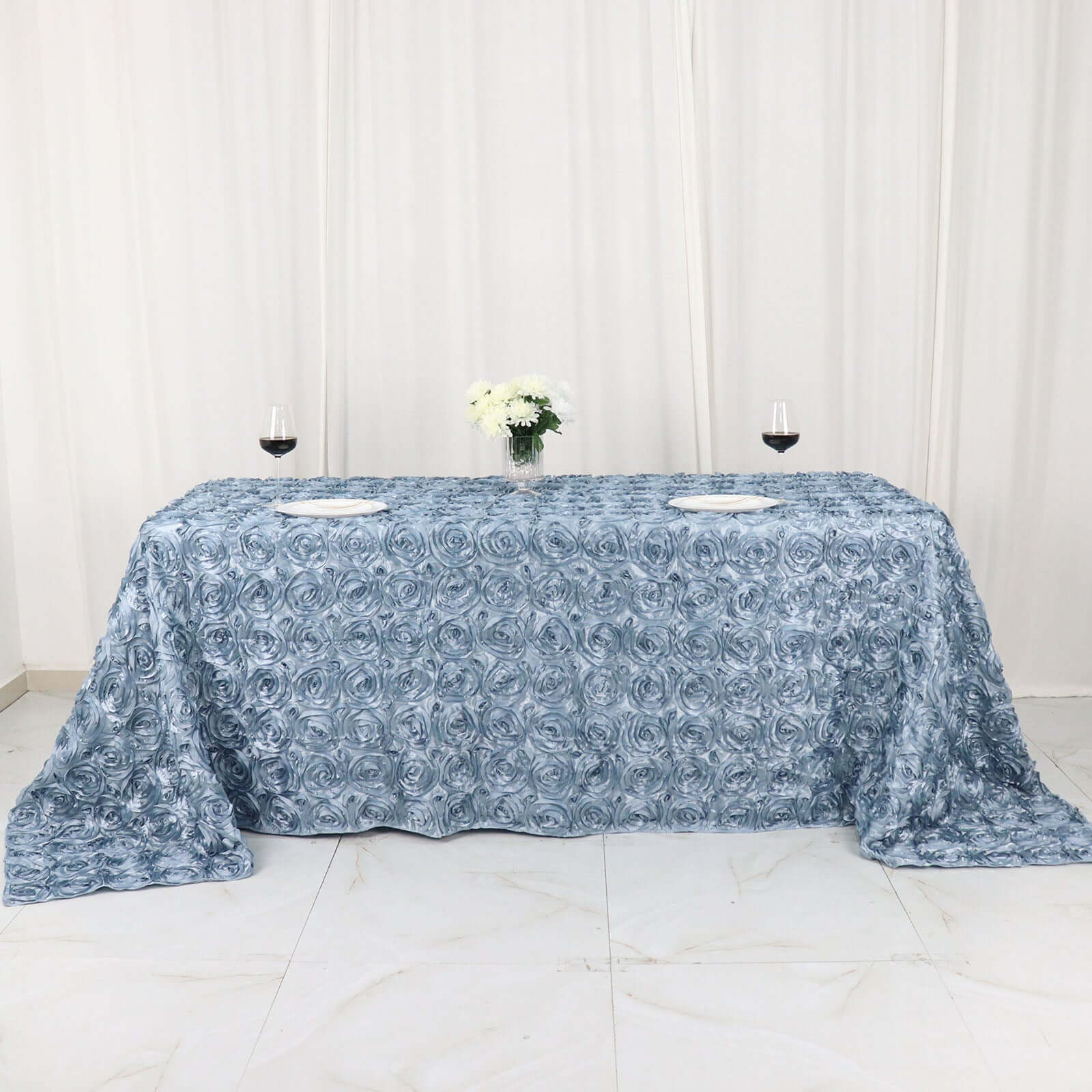 Satin 90"x132" Rectangle Tablecloth Dusty Blue - Grandiose 3D Rosette Seamless Table Cover