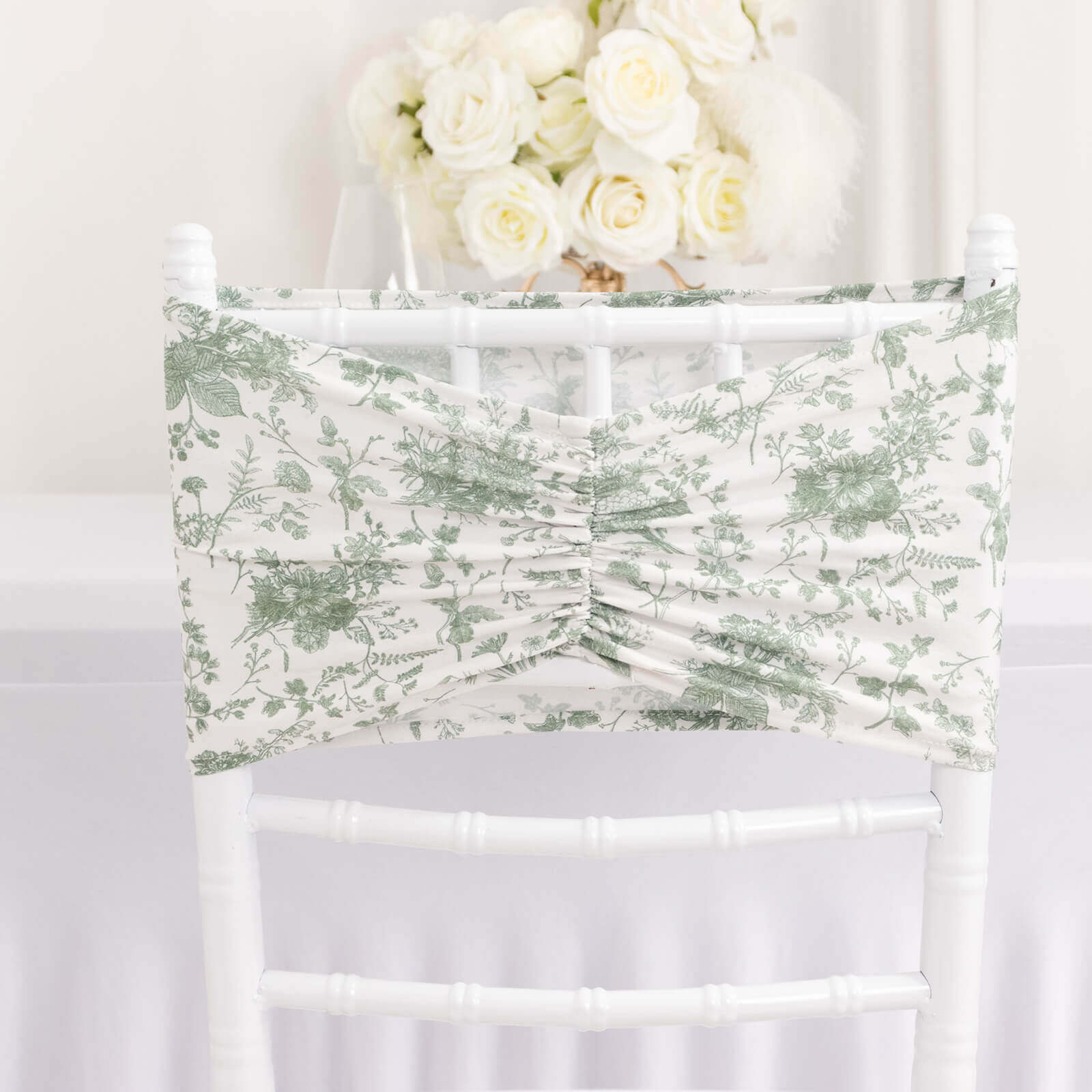 5 Pack Spandex Chair Sashes White/Dusty Sage Green French Toile Floral Pattern - Wide Wrinkle-Free Stretchable Chair Bands 8"x13"