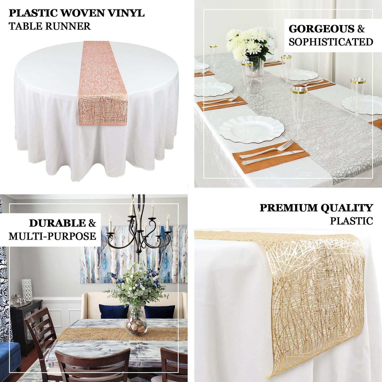 Plastic Woven Vinyl 13"x6ft Table Runner Metallic Gold - Non-Slip & Reversible Tabletop Decor
