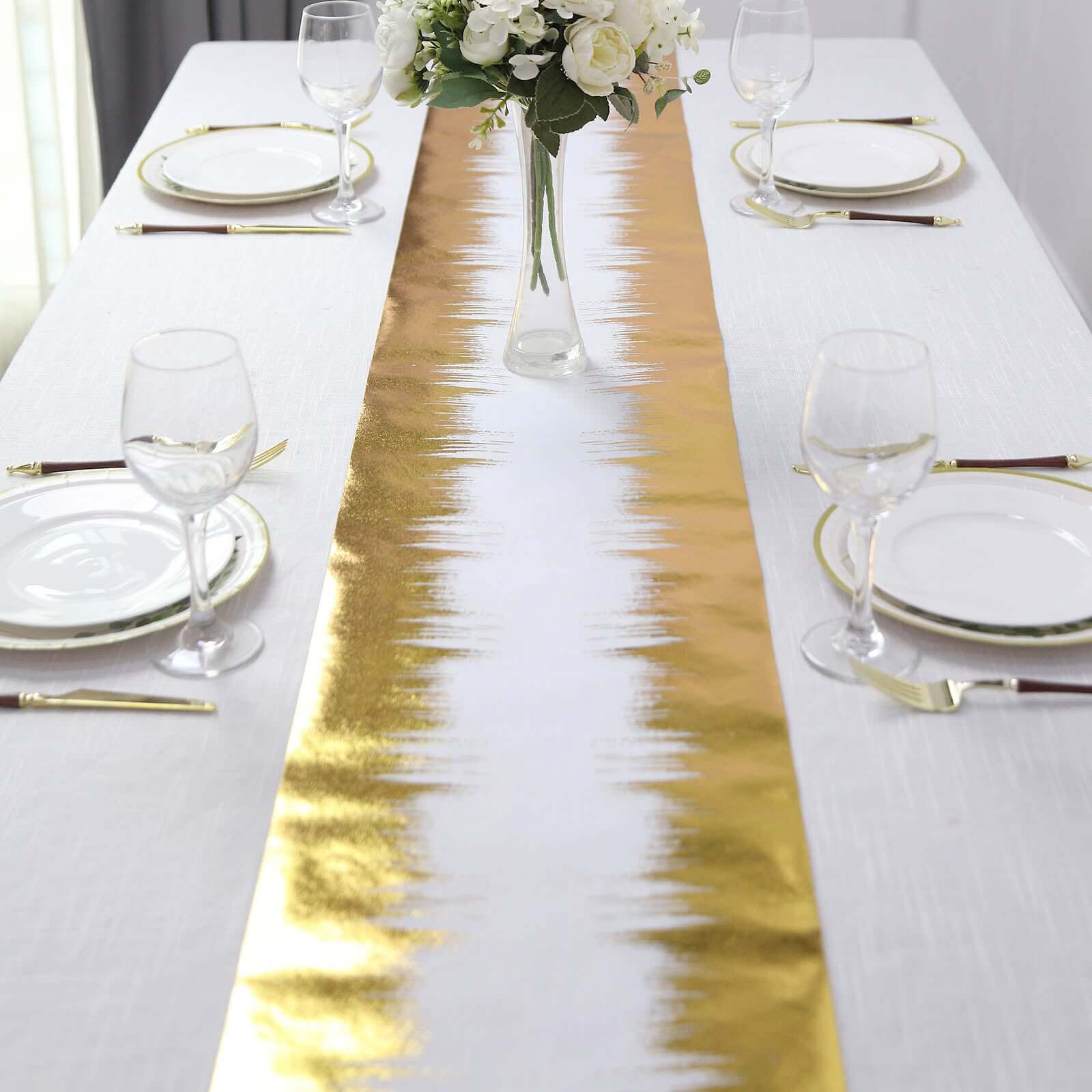 Disposable Table Runner Roll 108" Metallic Gold Foil Icicle Pattern - Stylish Non-Woven Table Decor for Special Occasions