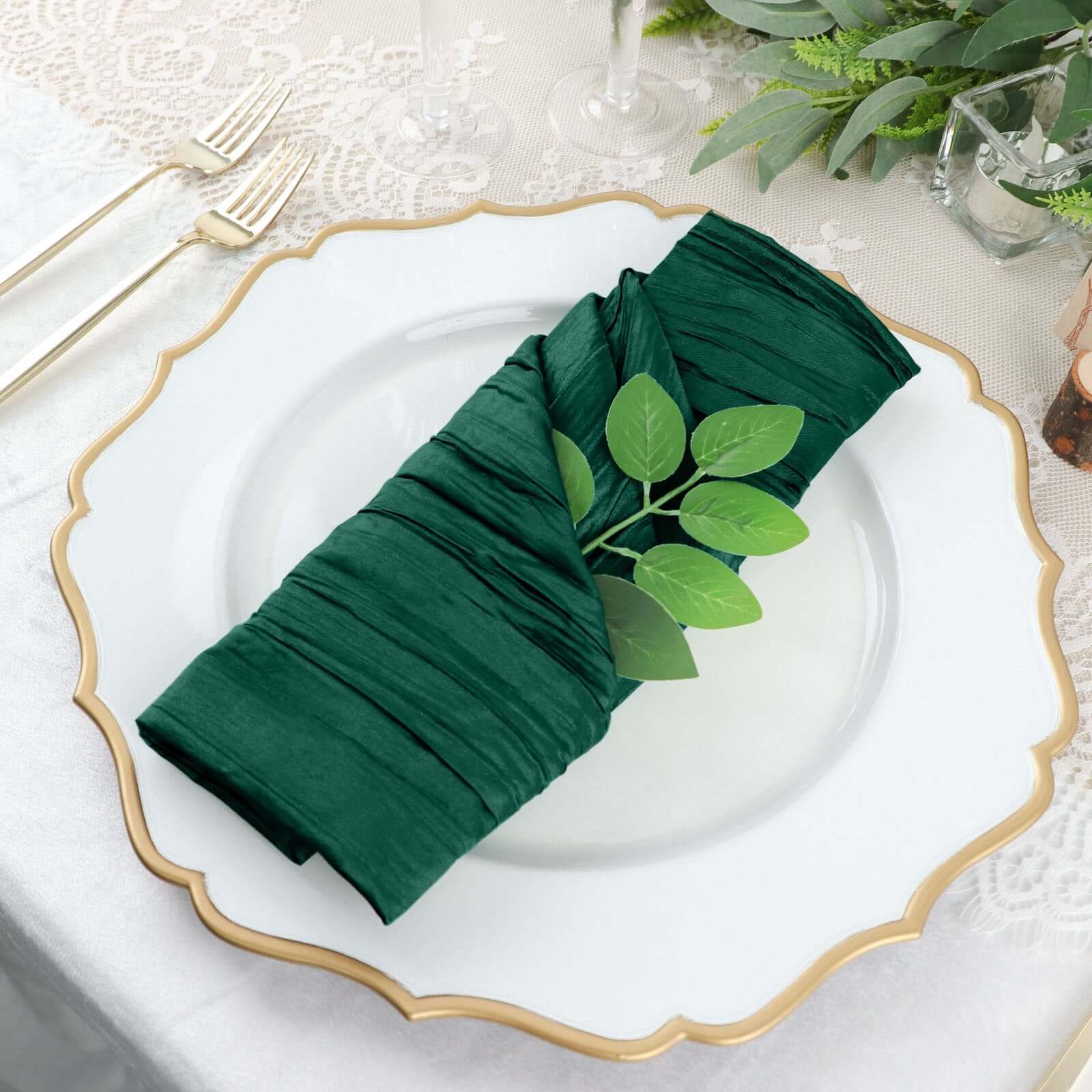 5 Pack Taffeta 20"x20" Napkins Hunter Emerald Green - Accordion Crinkle Dinner Napkins