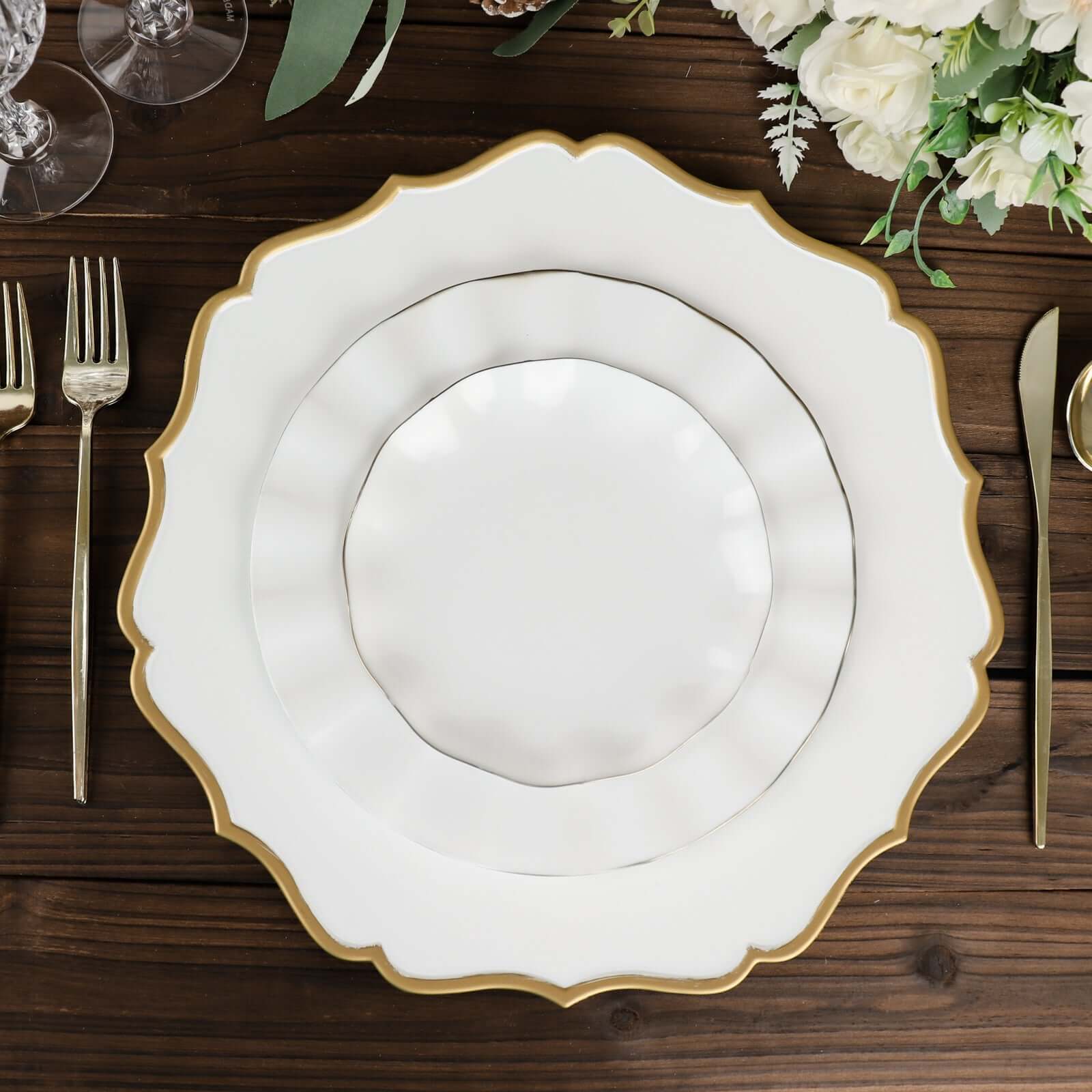 6-Pack Acrylic Round Charger Plates 13" in White with Gold Scalloped Rim, Decorative Dinner Party Plastic Charger Tableware