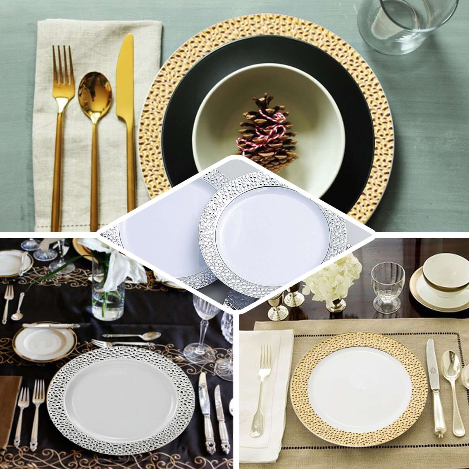 10-Pack Plastic 7.5" Round Appetizer Plates in Blush Hammered Design with Gold Rim - Disposable Salad Plates for Chic Banquets & Special Occasions