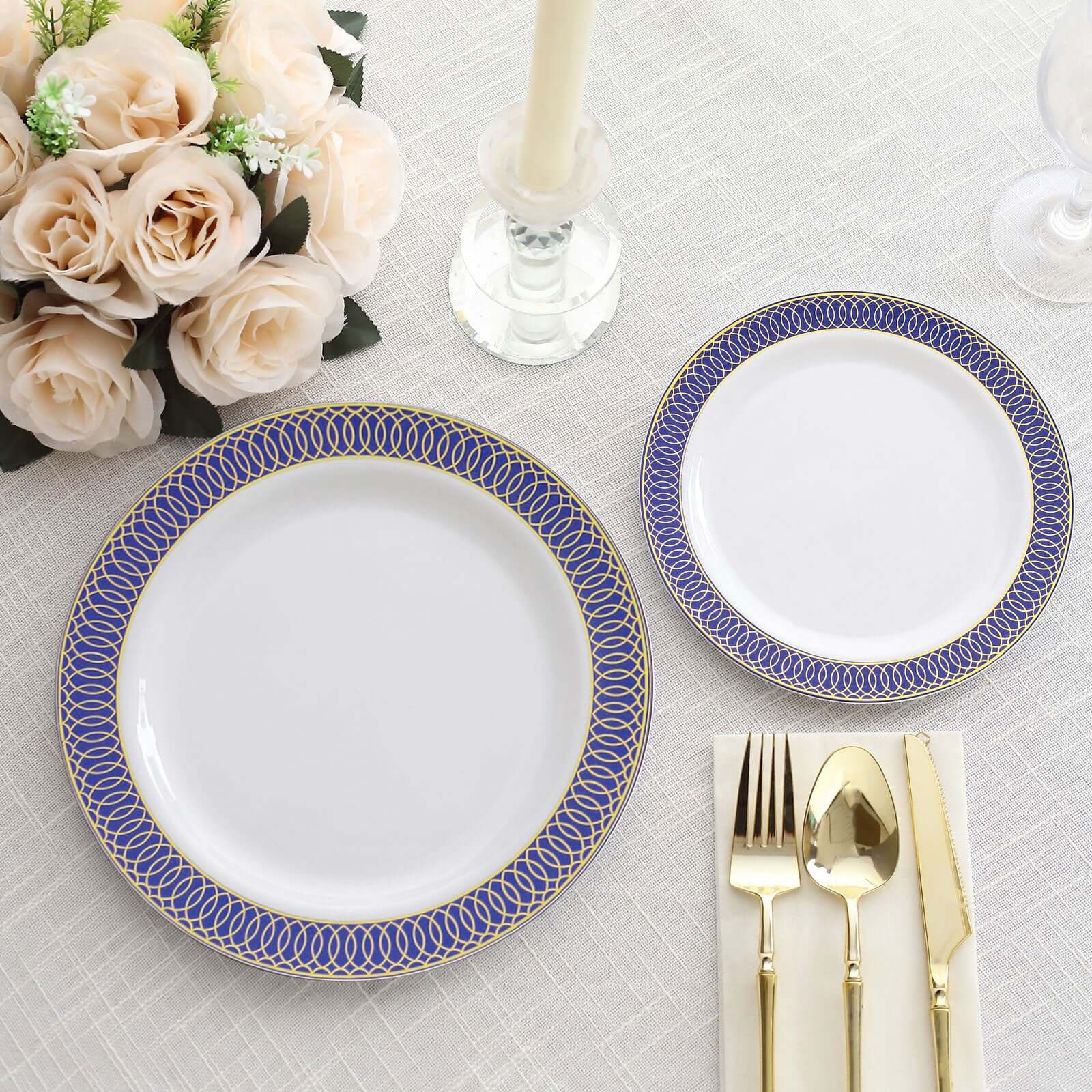 10-Pack Plastic Round Dinner Plates 10" White with Navy Blue Gold Spiral Rim - Chic Disposable Party Plates
