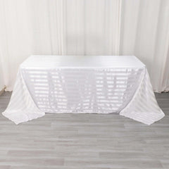 Satin Striped 90"x132" Rectangular Tablecloth White - Seamless Silky Smooth Wedding Decor
