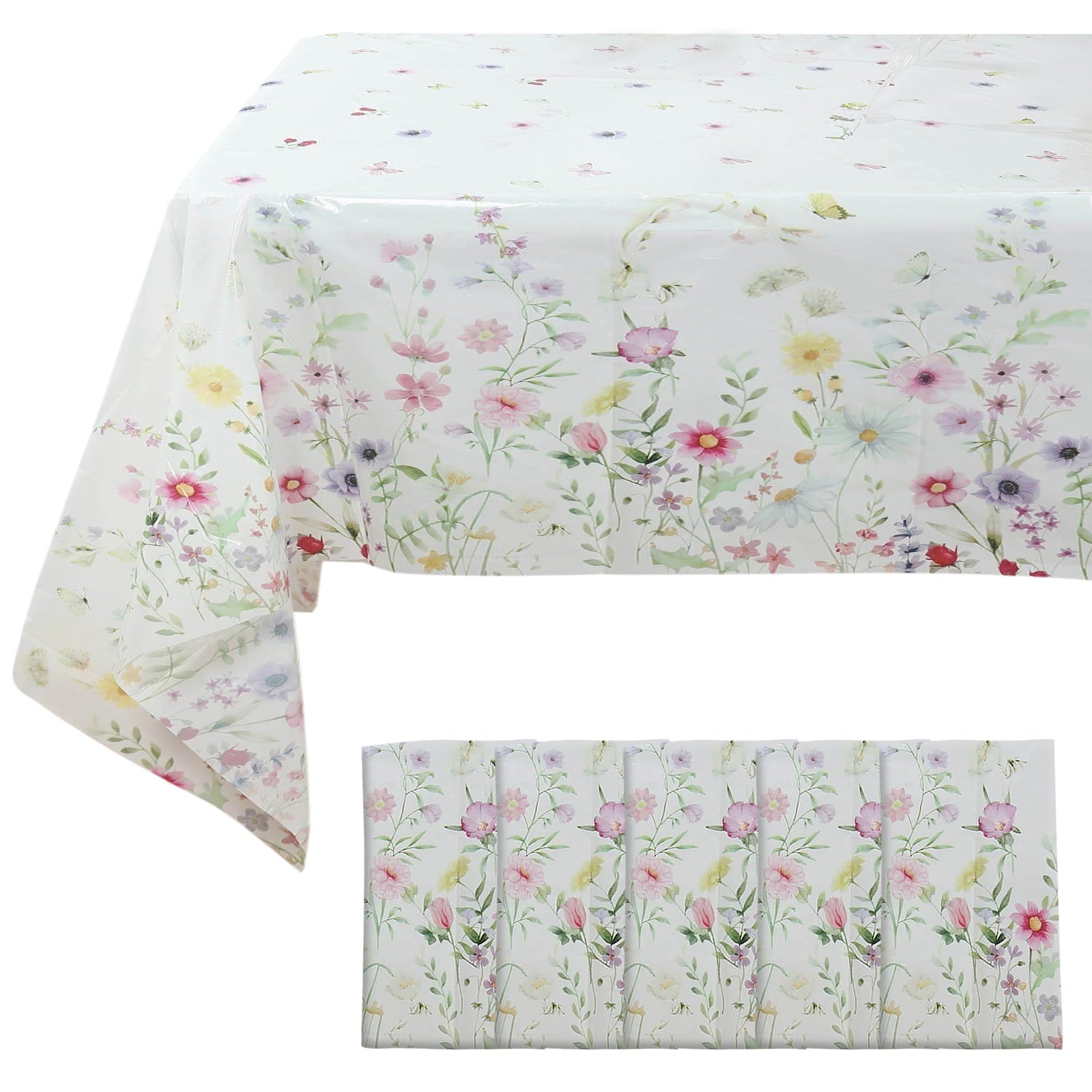 5-Pack Plastic Tablecloths White/Green Spring Floral Rectangle with Wild Flowers Butterfly Print - Durable PVC Disposable Table Covers 54"x108"