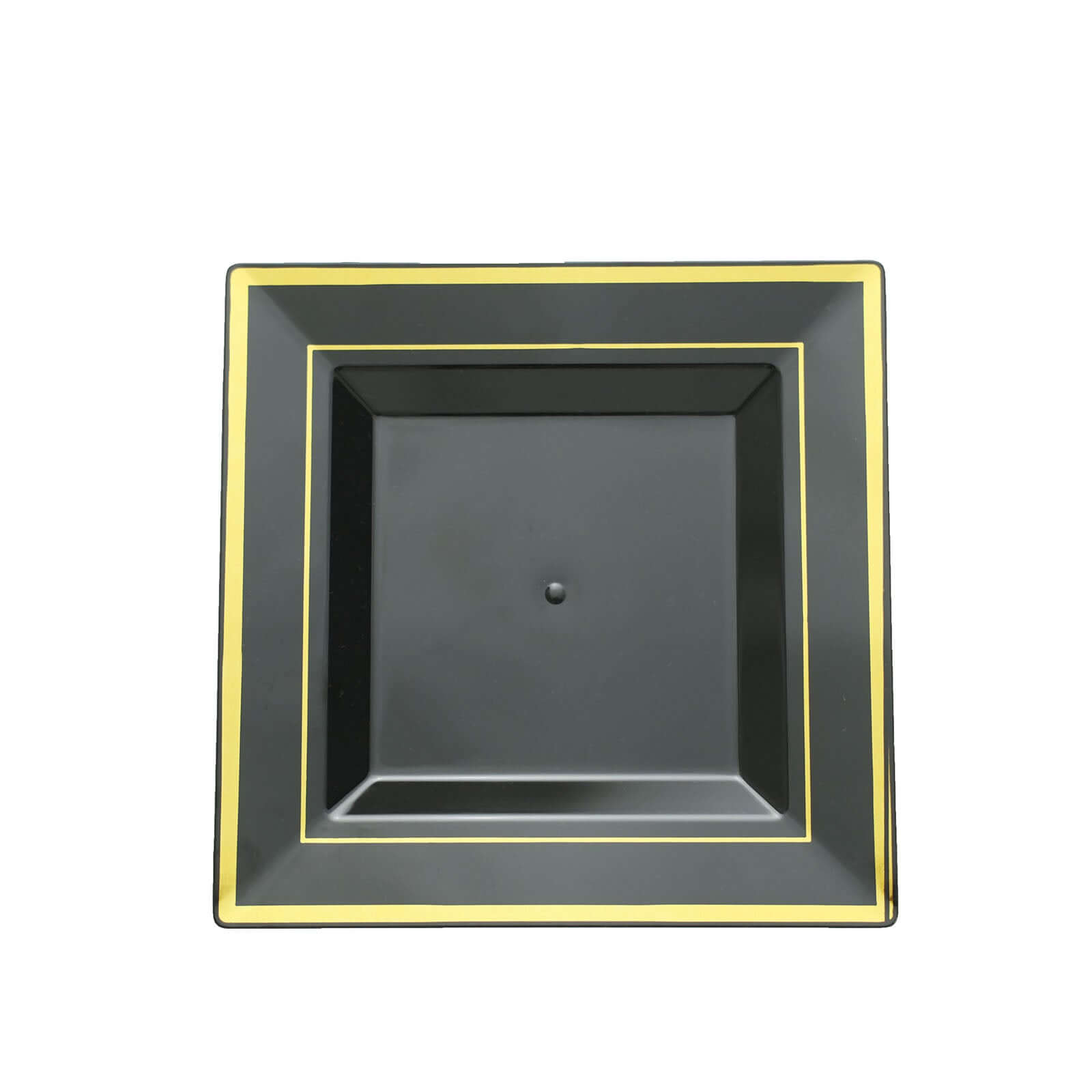 10-Pack Plastic Salad Dessert Plates Black Square with Gold Trim - Durable Disposable Appetizer Plates 7"