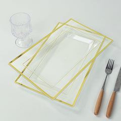 10-Pack Plastic 13"x8" Rectangle Serving Trays Clear with Gold Rim - Durable Reusable Sleek Design for Upscale Events & Parties