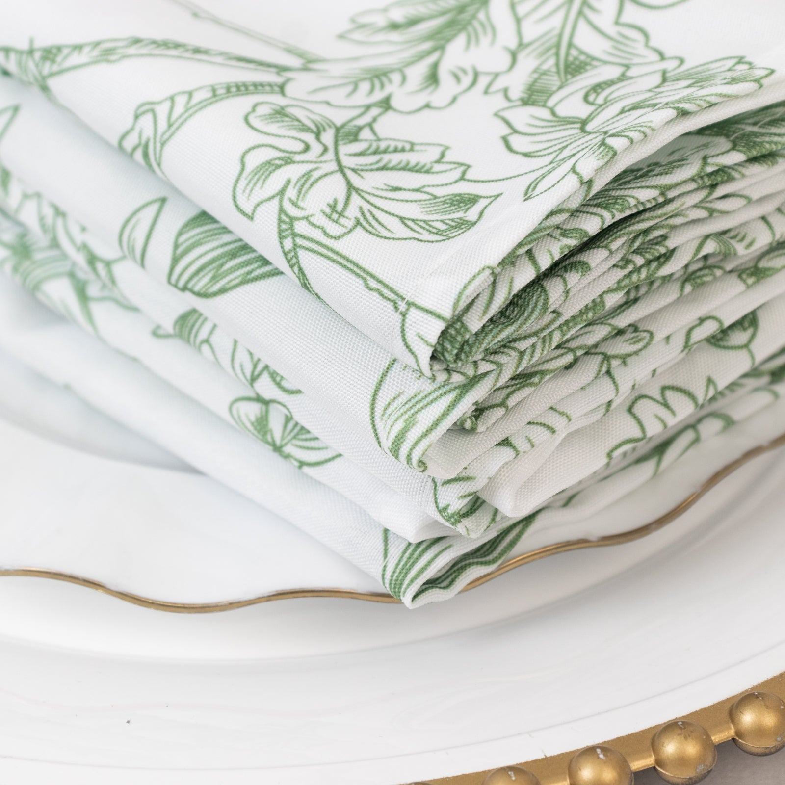 5-Pack French Toile Polyester Cloth Napkins – 17"x17" Dusty Sage Green and White Reusable Table Napkins in Floral Design for Events & Dining