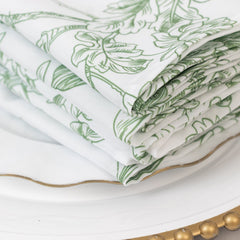 5-Pack French Toile Polyester Cloth Napkins – 17"x17" Dusty Sage Green and White Reusable Table Napkins in Floral Design for Events & Dining