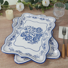 10-Pack Paper 14"x10" Rectangle Serving Trays White Royal Blue Damask Floral Pattern for Weddings & Parties