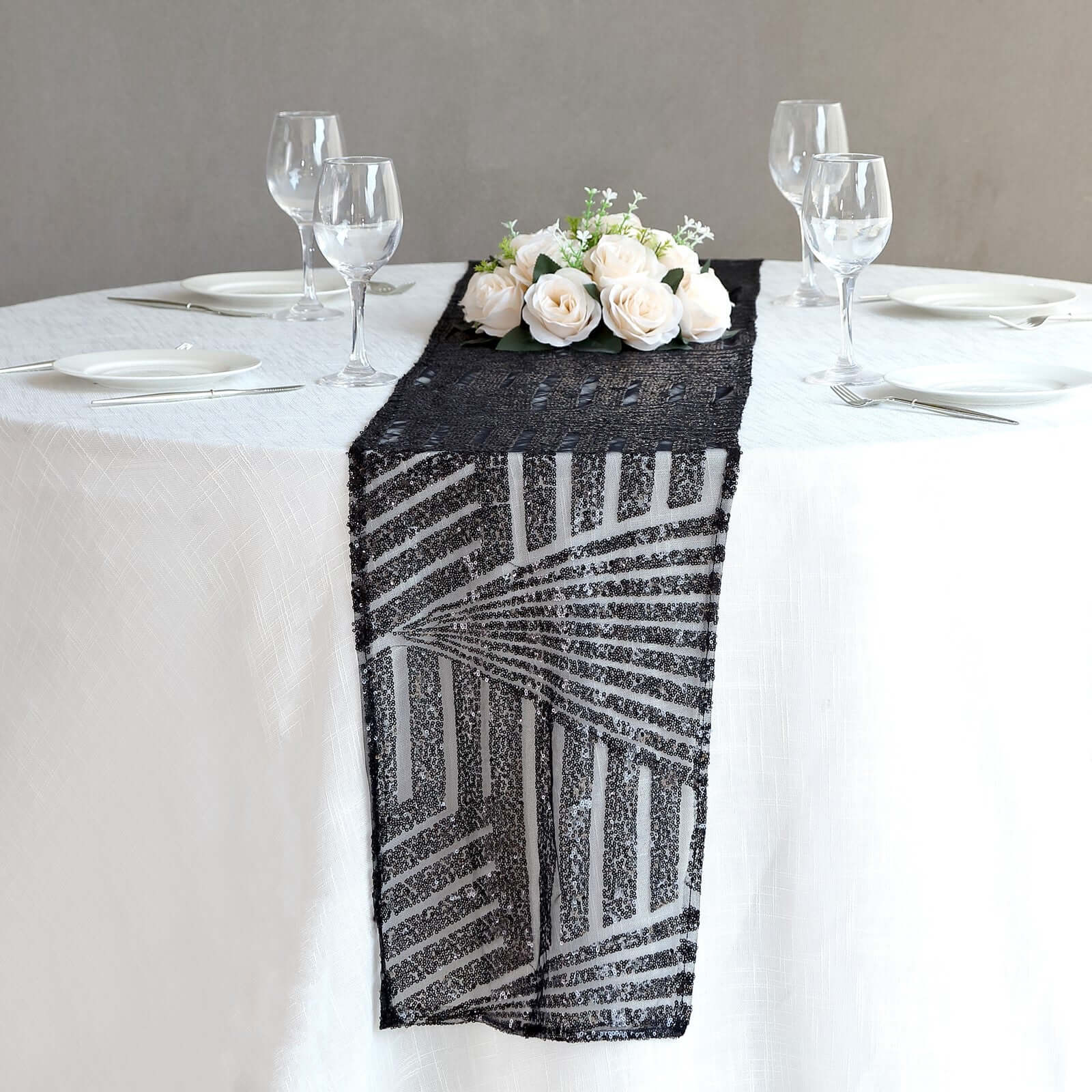 Sequin 12"x108" Table Runner Black - Diamond Glitz Design