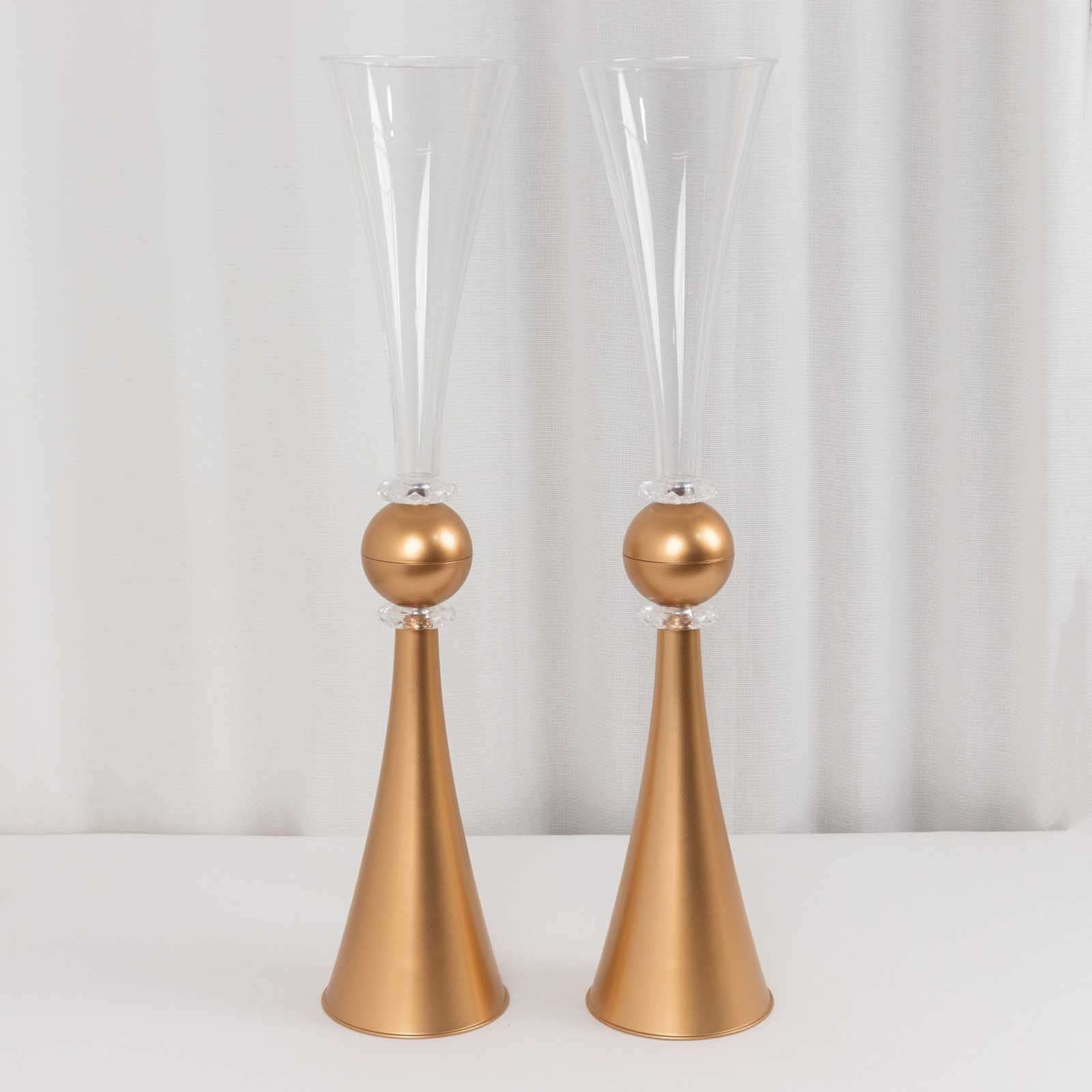 2-Pack Flower Vases Trumpet Design with Crystal Embellishments Clear and Gold - Reversible Plastic Centerpieces for Events 27"
