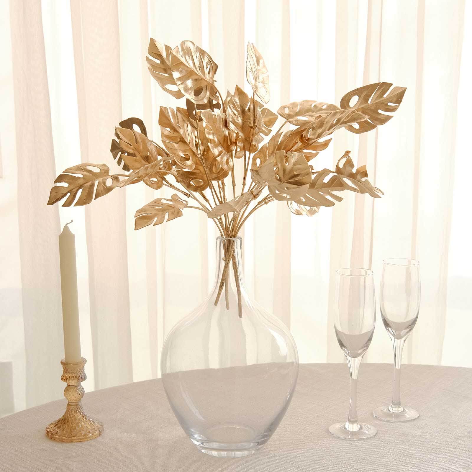 4-Pack Artificial Monstera Leaves Bushes Metallic Gold - Themed Weddings Parties & Events 14"