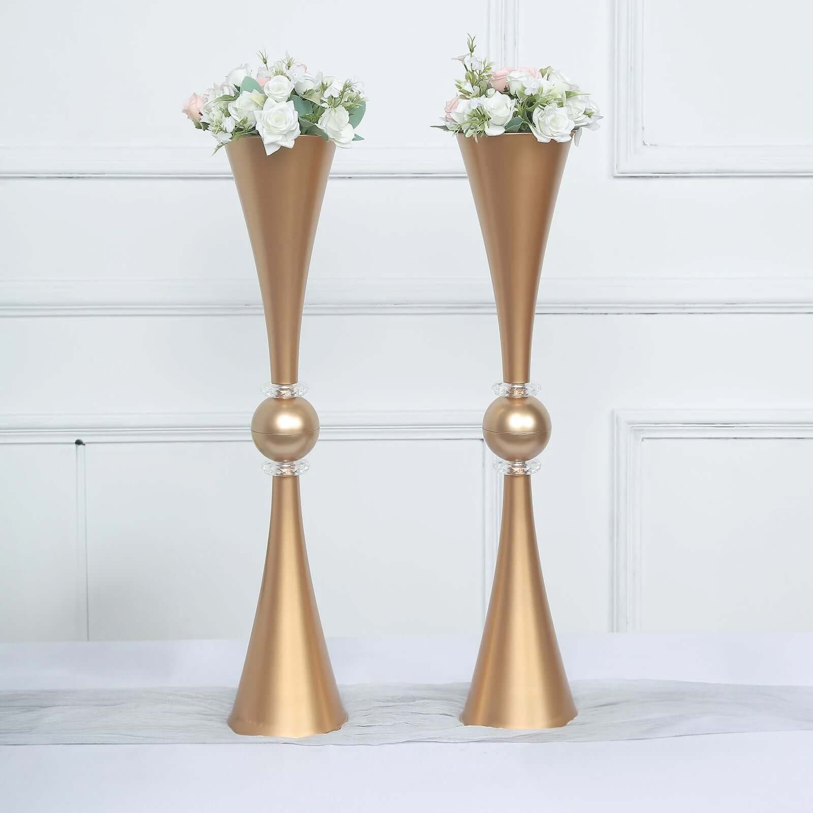 2-Pack Flower Vases Trumpet Design with Crystal Embellishments Gold - Reversible Plastic Centerpieces for Events 27"