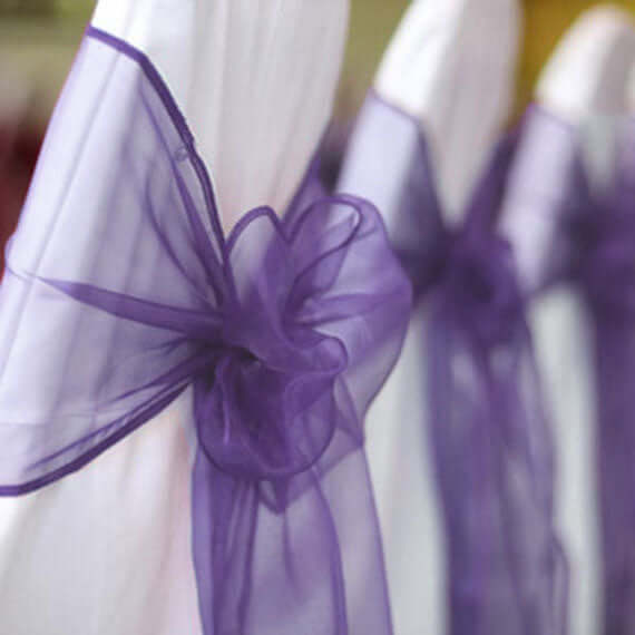 5 Pack Organza Chair Sashes Purple - Reusable Sheer Chair Bows 6"x108"