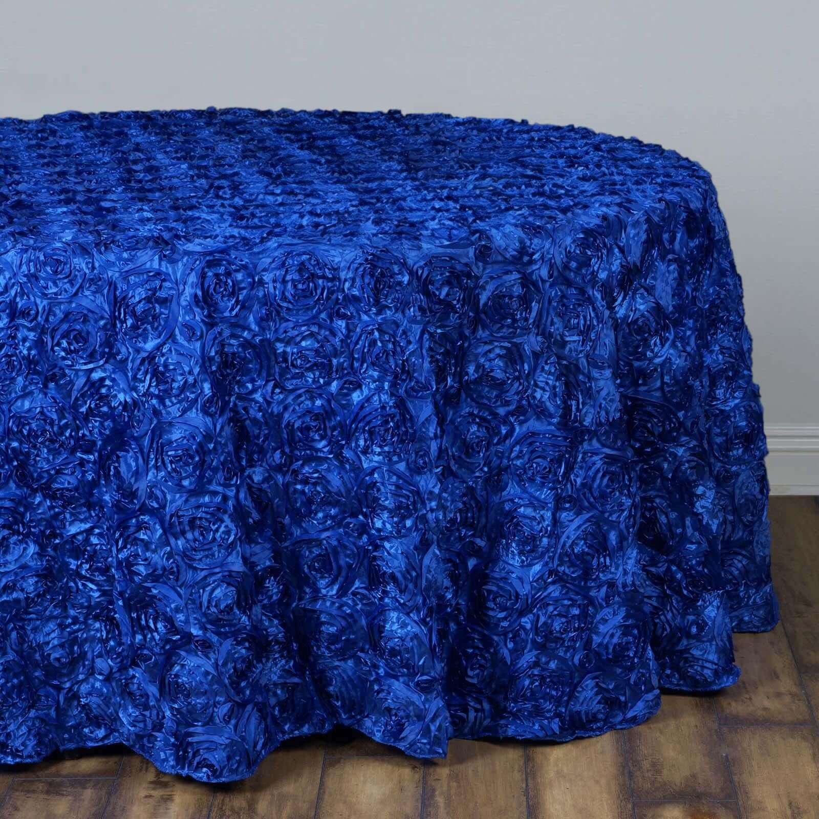 Satin 132" Round Tablecloth Royal Blue - Seamless Grandiose 3D Rosette Table Cover