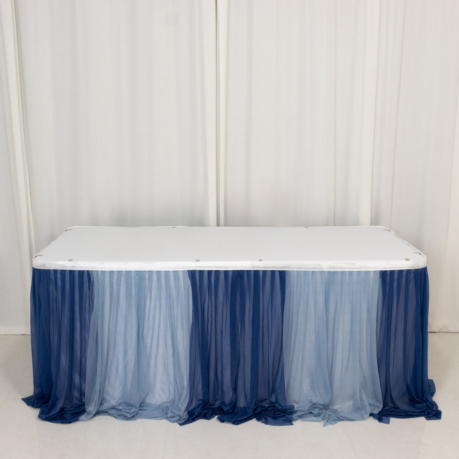14ft Sheer Pleated Ruffle Skirting Chiffon Table Skirt - Navy Blue and Dusty Blue, Shimmer Sheer, Wrinkle-Free Fabric