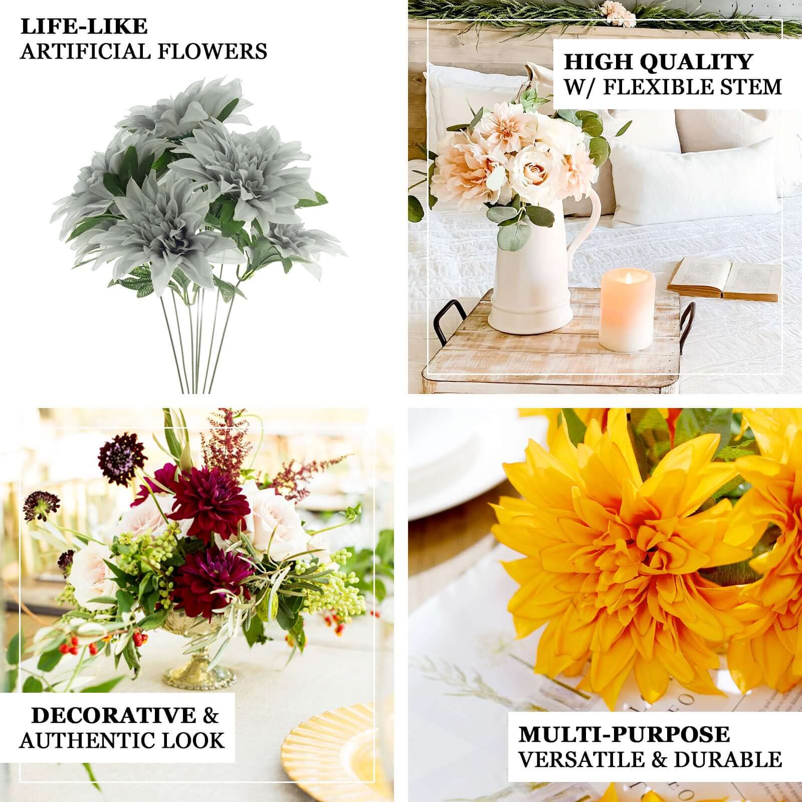 2 Bouquets 20" White Artificial Silk Dahlia Flower Spray Bushes