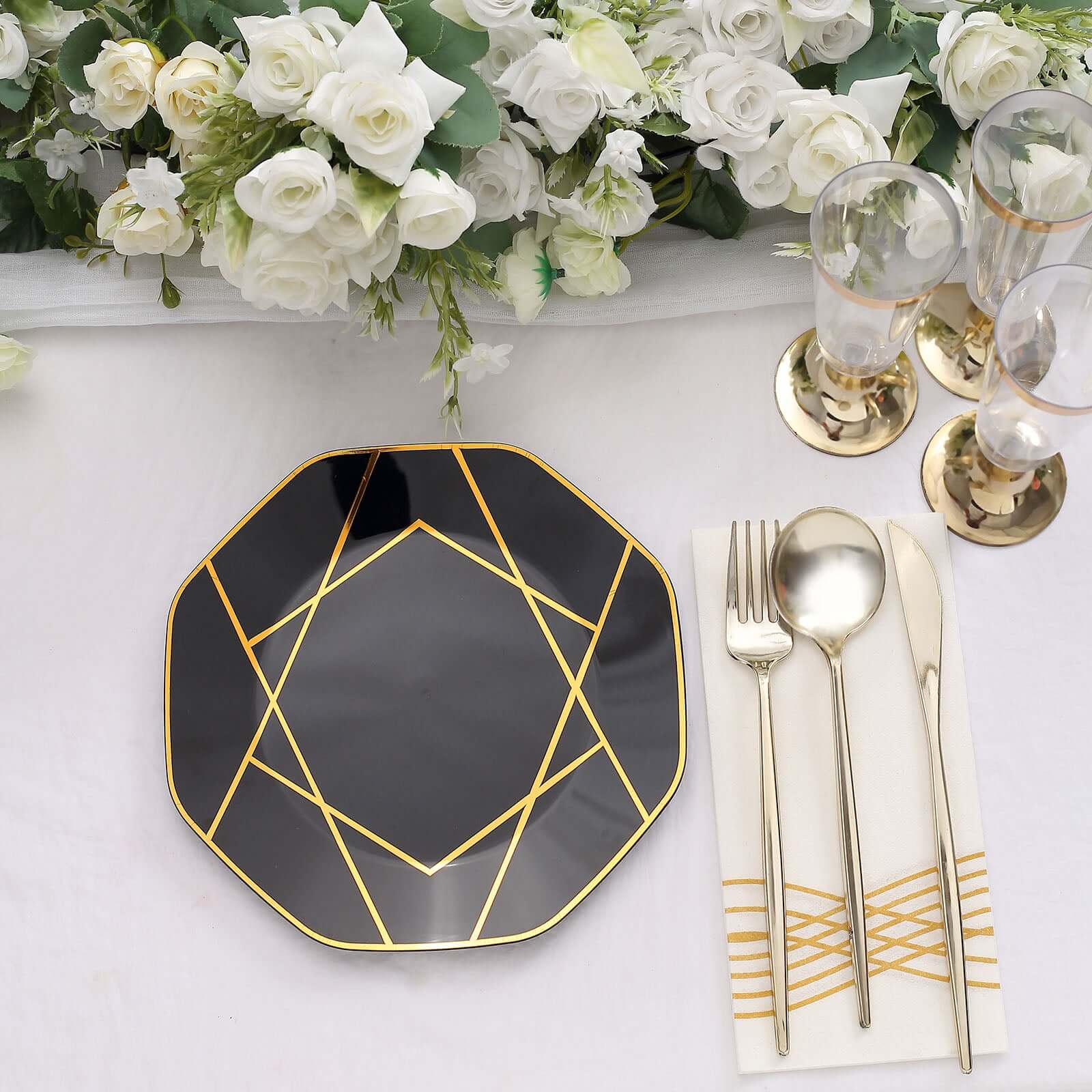 10-Pack Plastic 8" Octagon Dessert Plates in Black - Modern Disposable Salad/Appetizer Plates with Gold Geometric Design for Special Occasions & Celebrations
