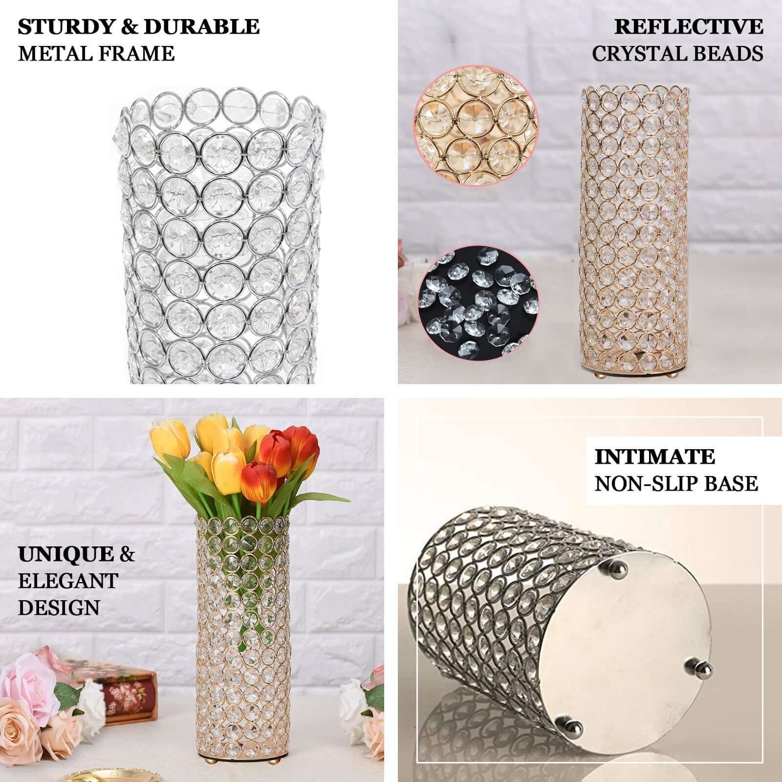 Full Crystal Beaded Candle Holder Shiny Gold Metal - Stylish Pillar Stand for Weddings 16"