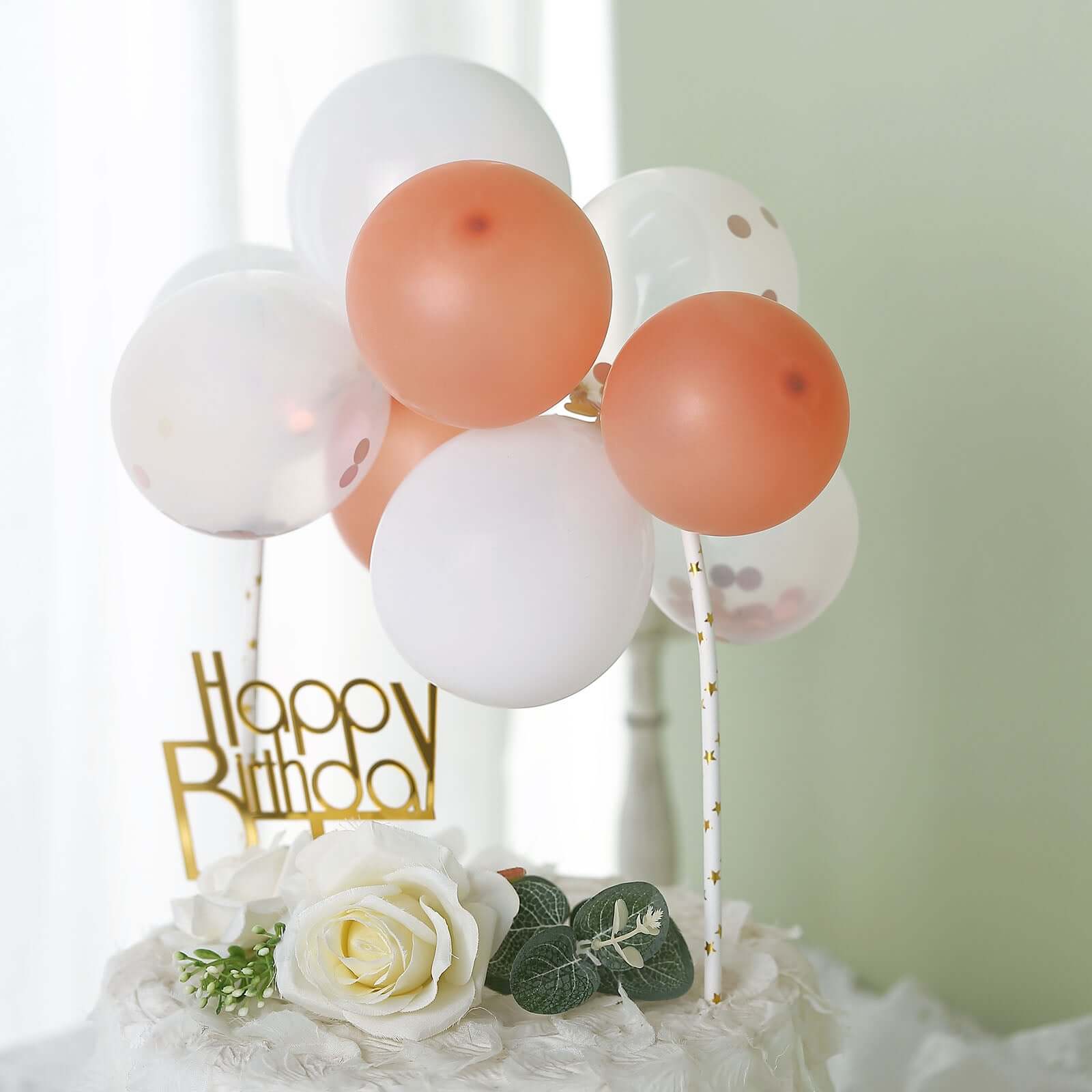 11 Pcs Balloon Cake Topper Clear, Rose Gold and White - Whimsical Clustered Mini Garland Cake Inserts DIY Party Decorations