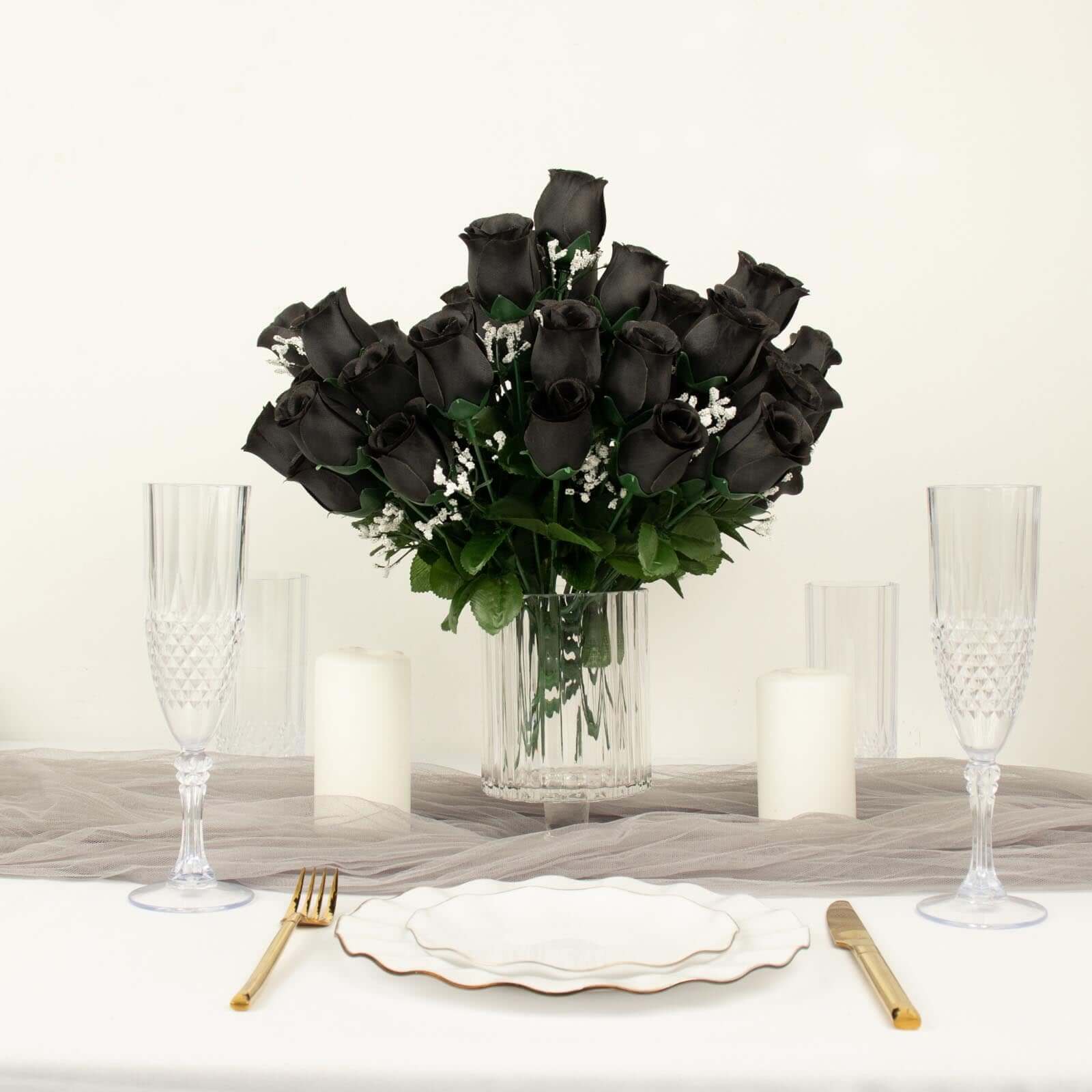 12 Bushes Black Artificial Premium Silk Flower Rose Bud Bouquets