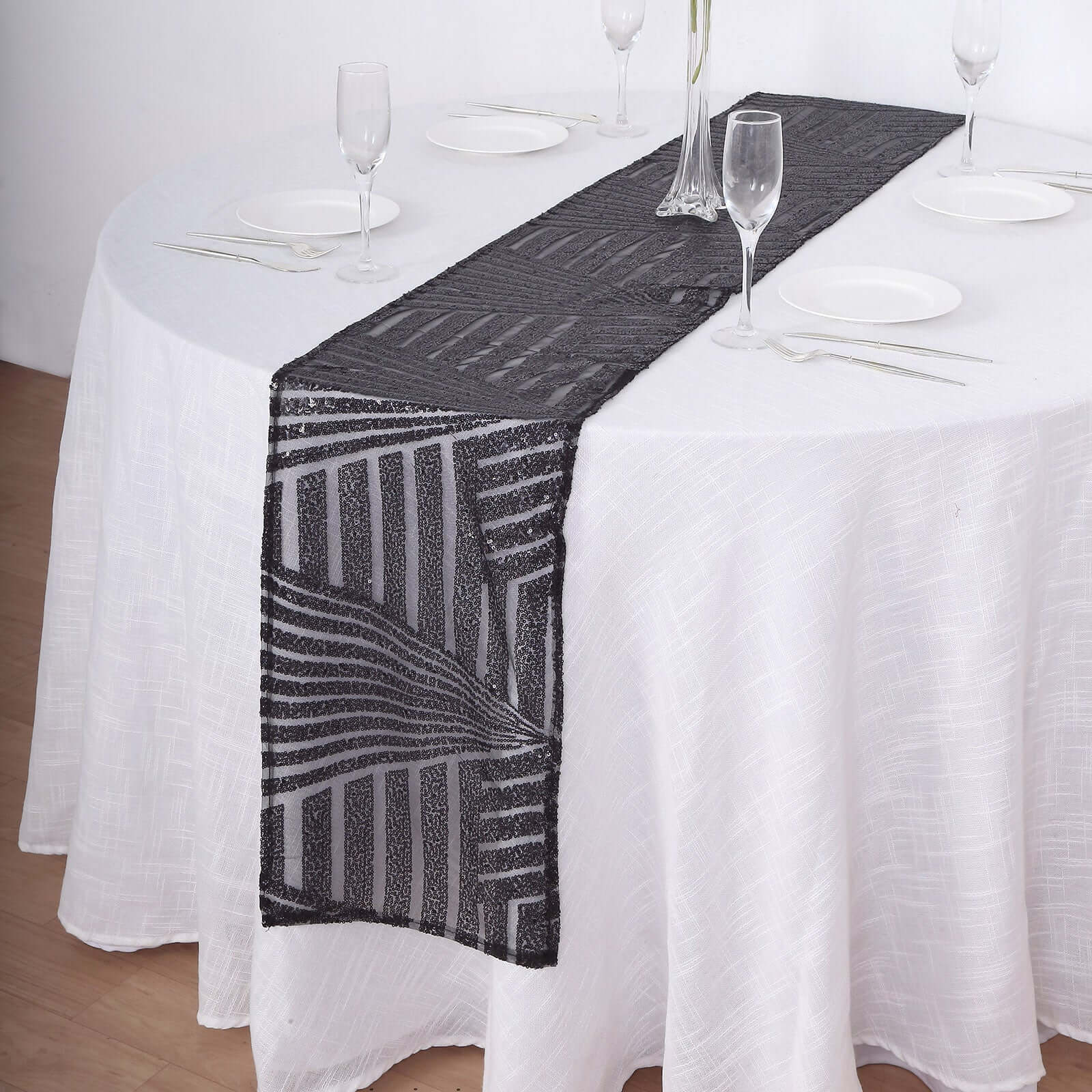 Sequin 12"x108" Table Runner Black - Diamond Glitz Design