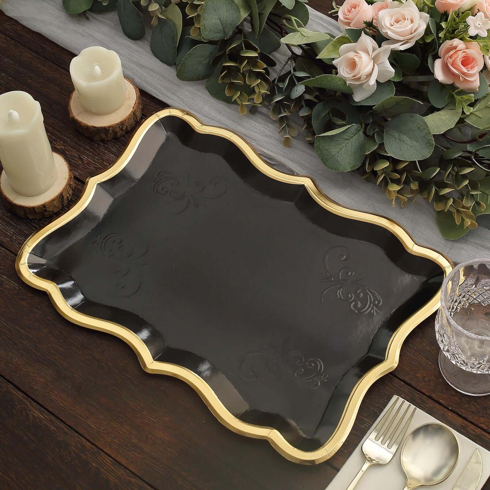 10-Pack Paper 14"x10" Rectangle Serving Trays Black - Heavy Duty Disposable 400GSM Cardboard Party Platters with Exquisite Gold Rim for Weddings & Parties