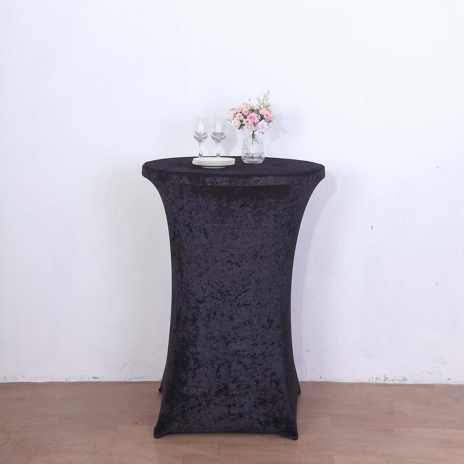 Crushed Velvet Spandex 30" Round Cocktail Table Cover Black Smooth Highboy Tablecloth