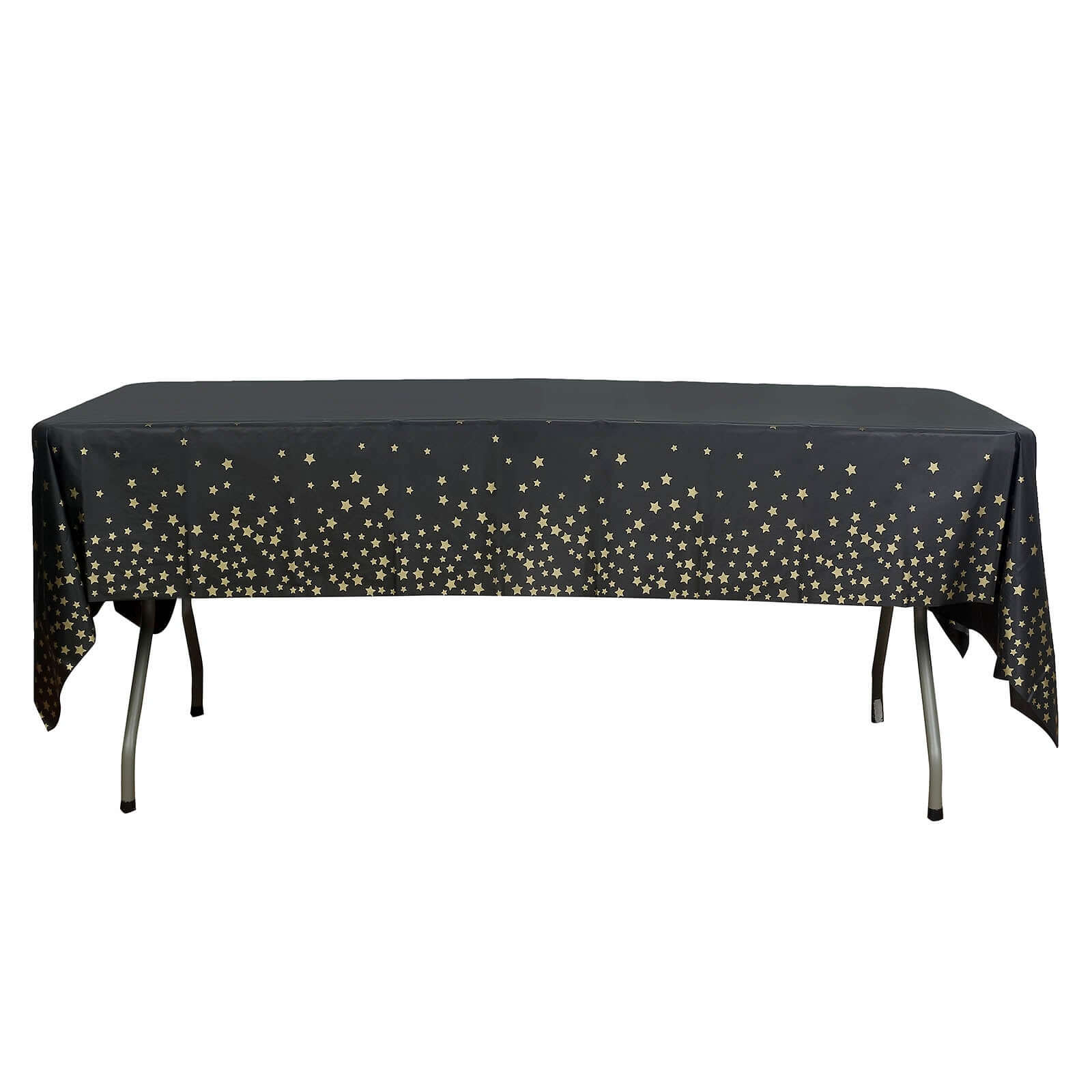 5-Pack Plastic Table Covers Black Rectangle with Gold Stars - Decorative PVC Disposable Tablecloths 54"x108"