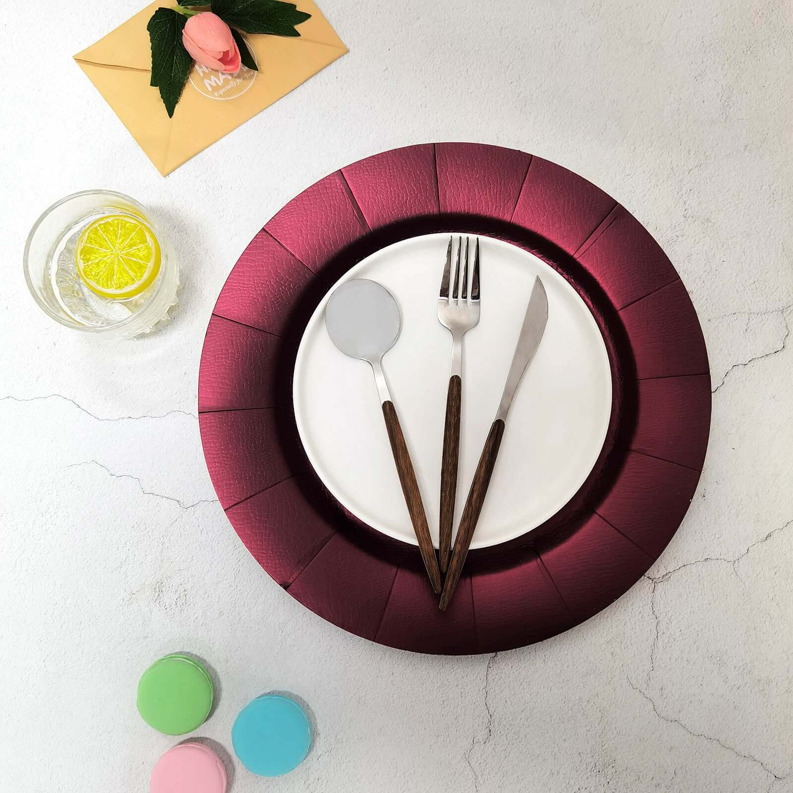 10-Pack Disposable Round Charger Plates in Burgundy with Leathery Texture - Durable 1100GSM Cardboard Placemats 13"