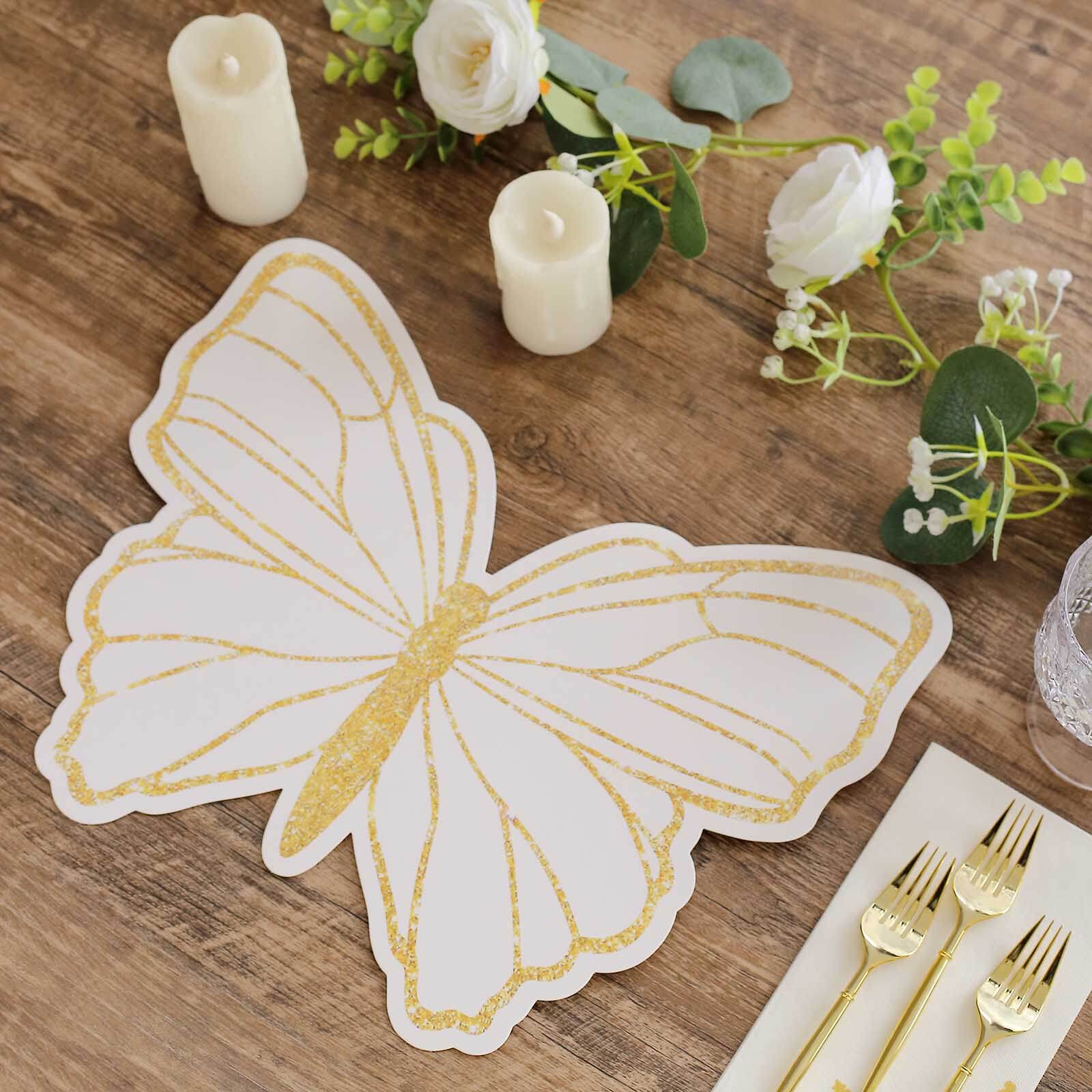 10-Pack Disposable Table Placemats with White Butterfly Design & Gold Glitters - 400GSM Cardboard Placemats for Kids' Parties, Baby Showers & Celebrations 14"