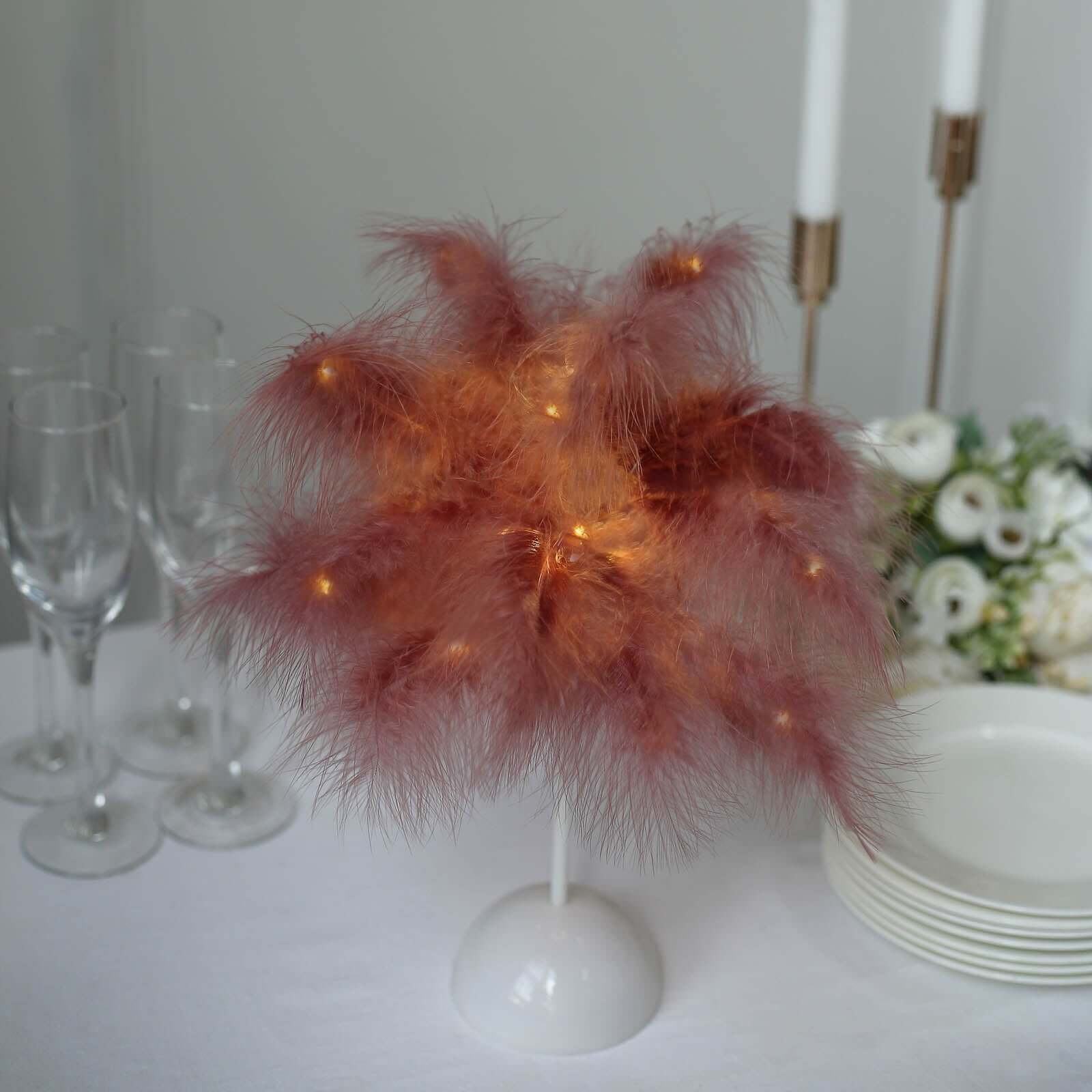 Table Lamp Feather Design Cinnamon Rose LED Battery Operated - Cordless Wedding Centerpiece 15"