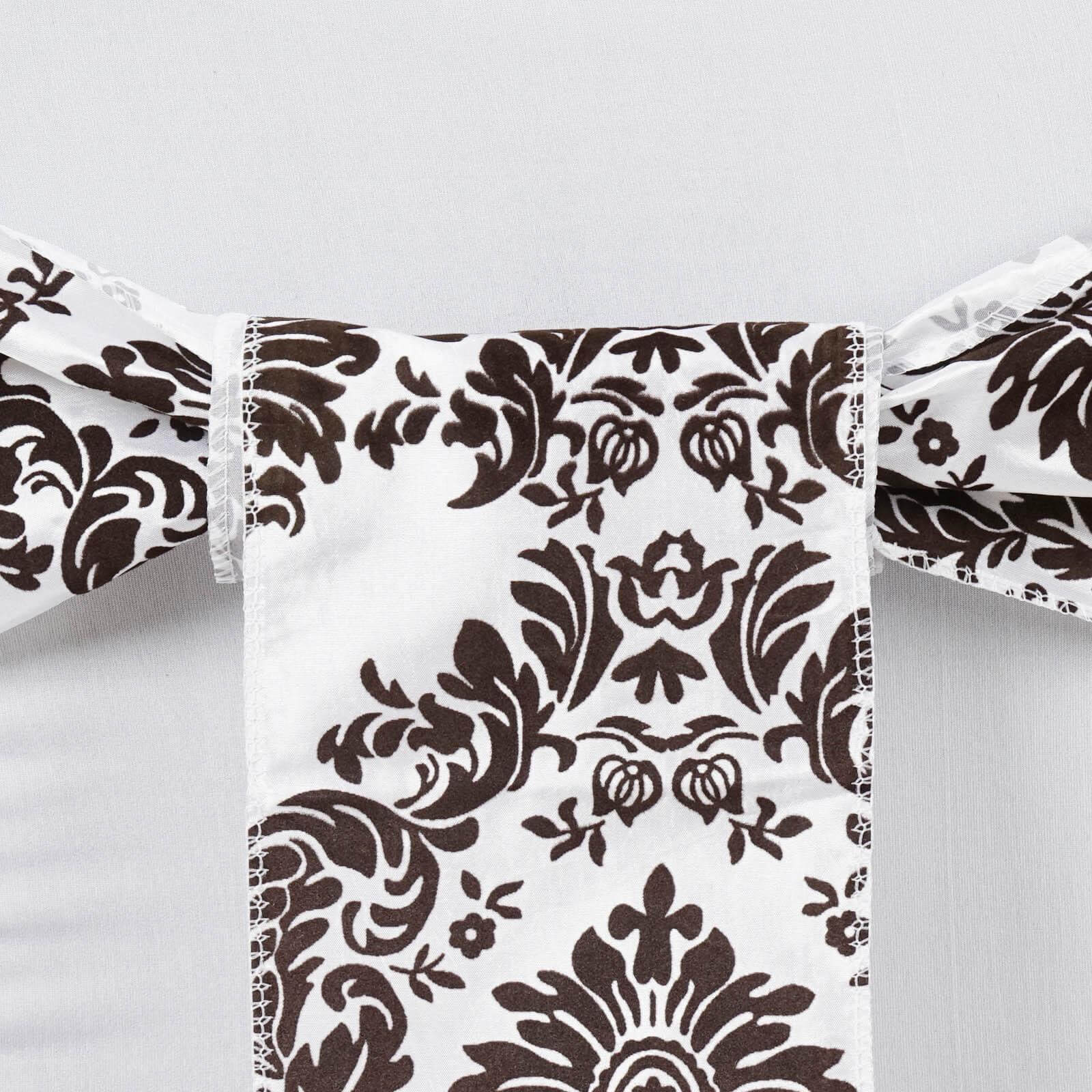 5 Pack Taffeta Damask Chair Sashes White with Chocolate Flocking Design 6"x108"