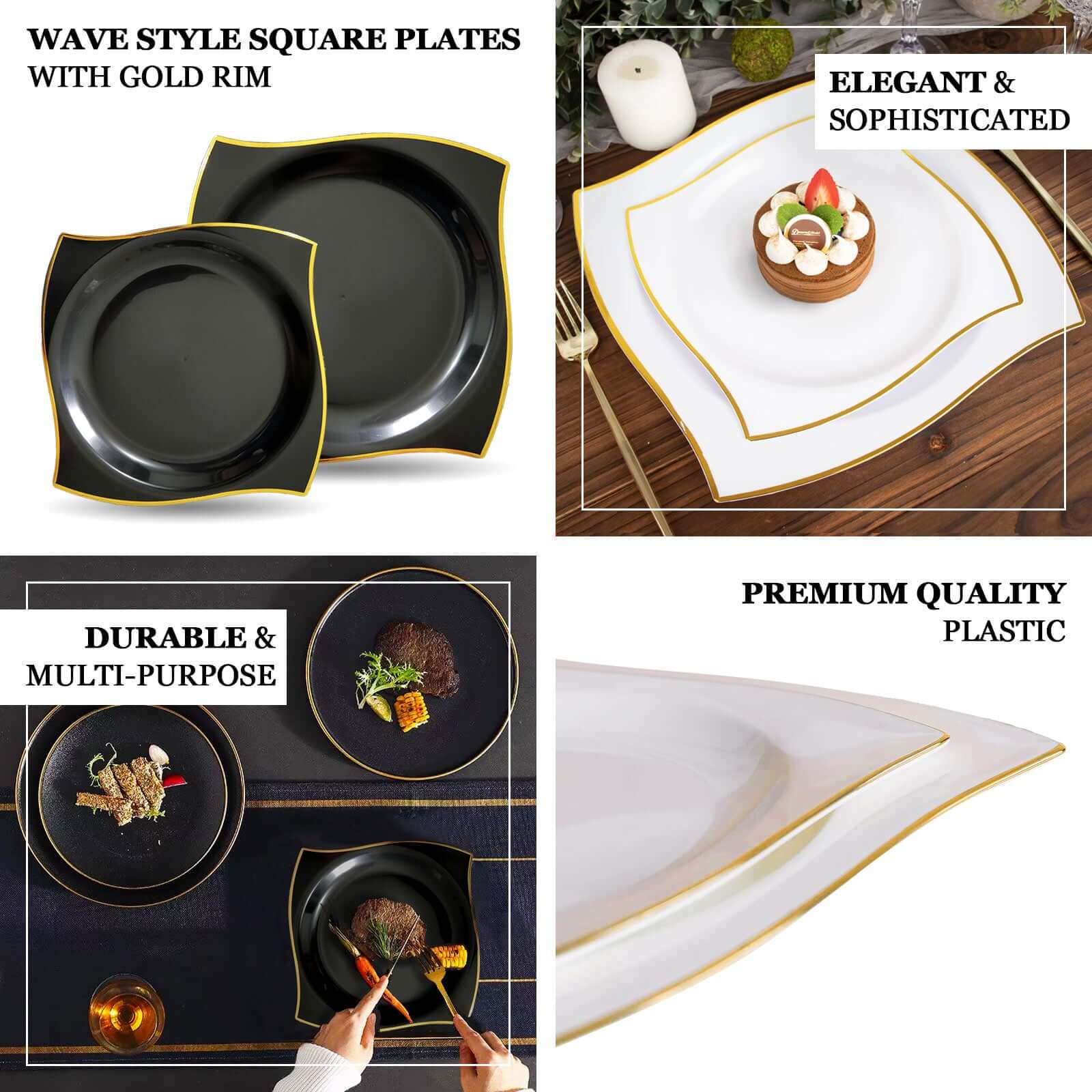 10-Pack Plastic 8" Square Dessert Plates in Clear with Gold Wavy Rim Modern - Disposable Salad Appetizer Party Plates