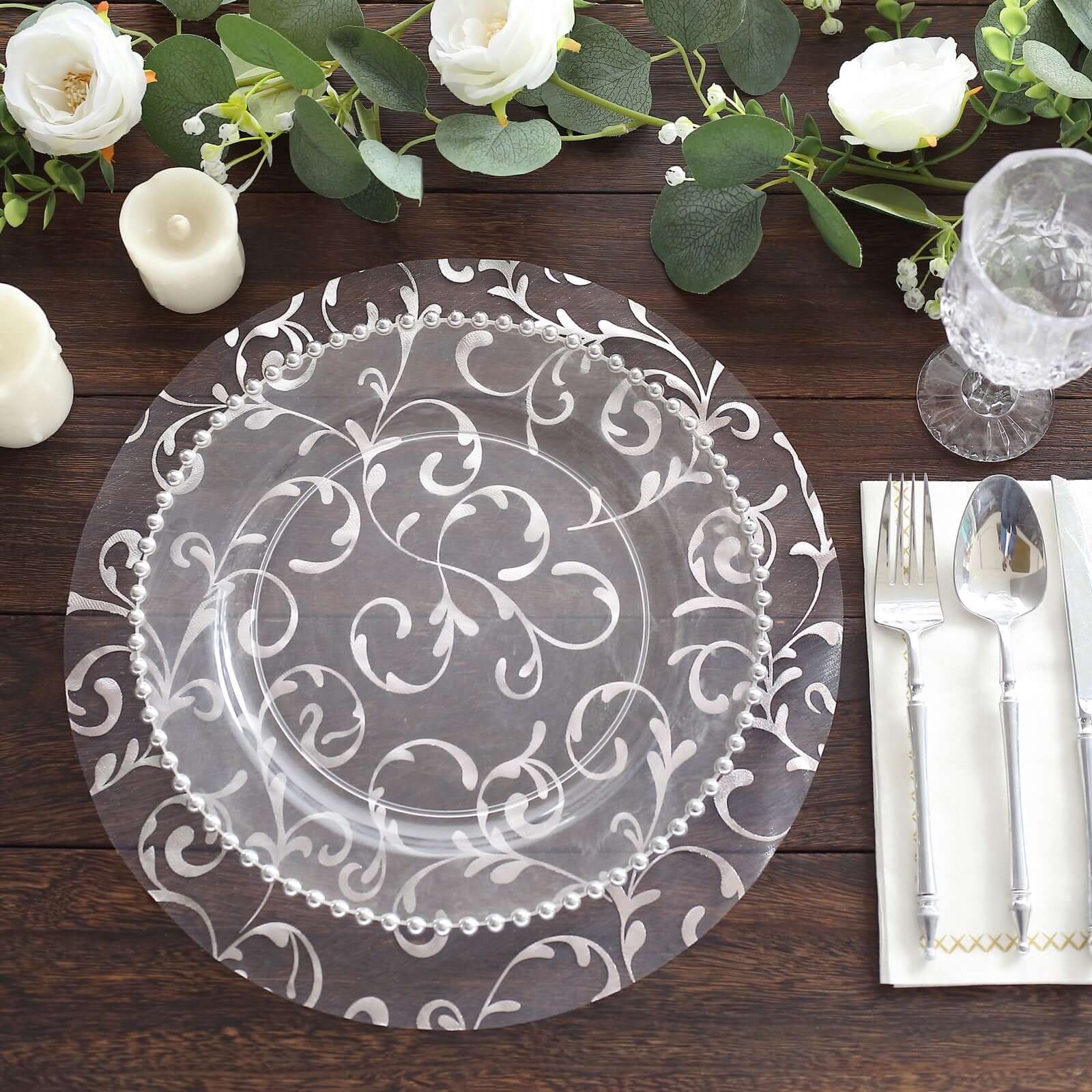 10-Pack Table Placemats Embossed Foil Flower Design Metallic Silver Round - Sheer Organza Disposable Mats 13"