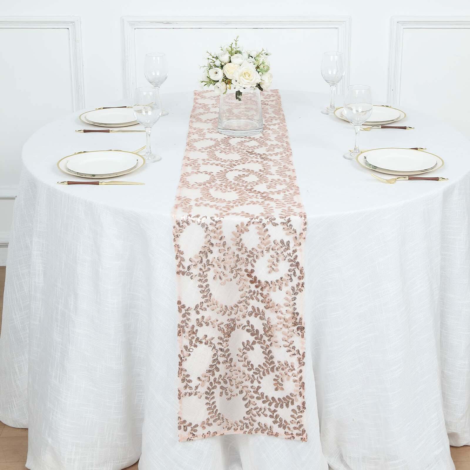 Mesh 12"x108" Table Runner Rose Gold - Leaf Vine Embroidery