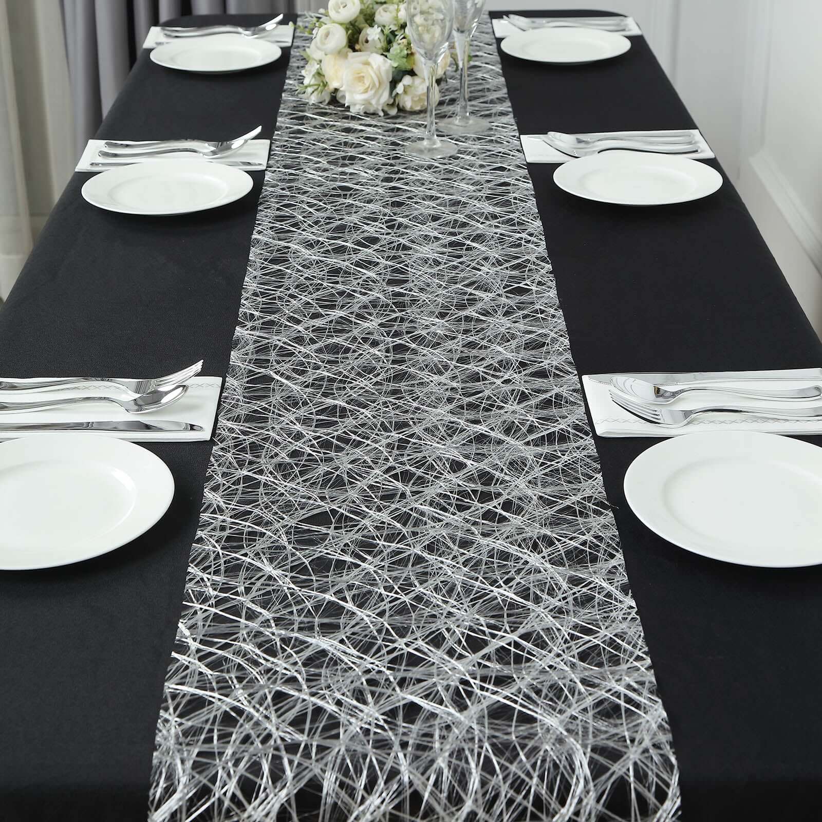 Polyester 12"x108" Table Runner Metallic Silver Disposable Non-Woven Fiber Roll - Stylish & Chic Table Decor