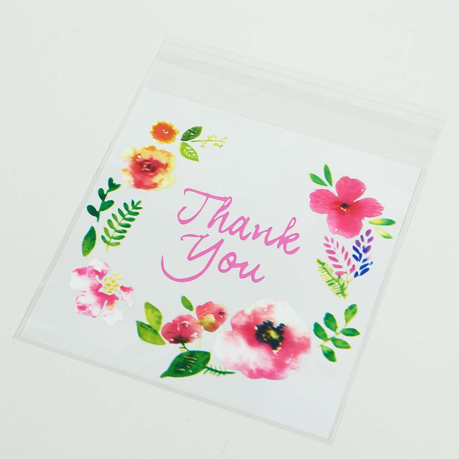 100-Pack PVC Cookie Candy Bags White/Clear - Decorative Self Adhesive Goodie Bags With "Thank You" Print & Floral Accents for Stylish Wedding Birthday Party Favors 6"x7"
