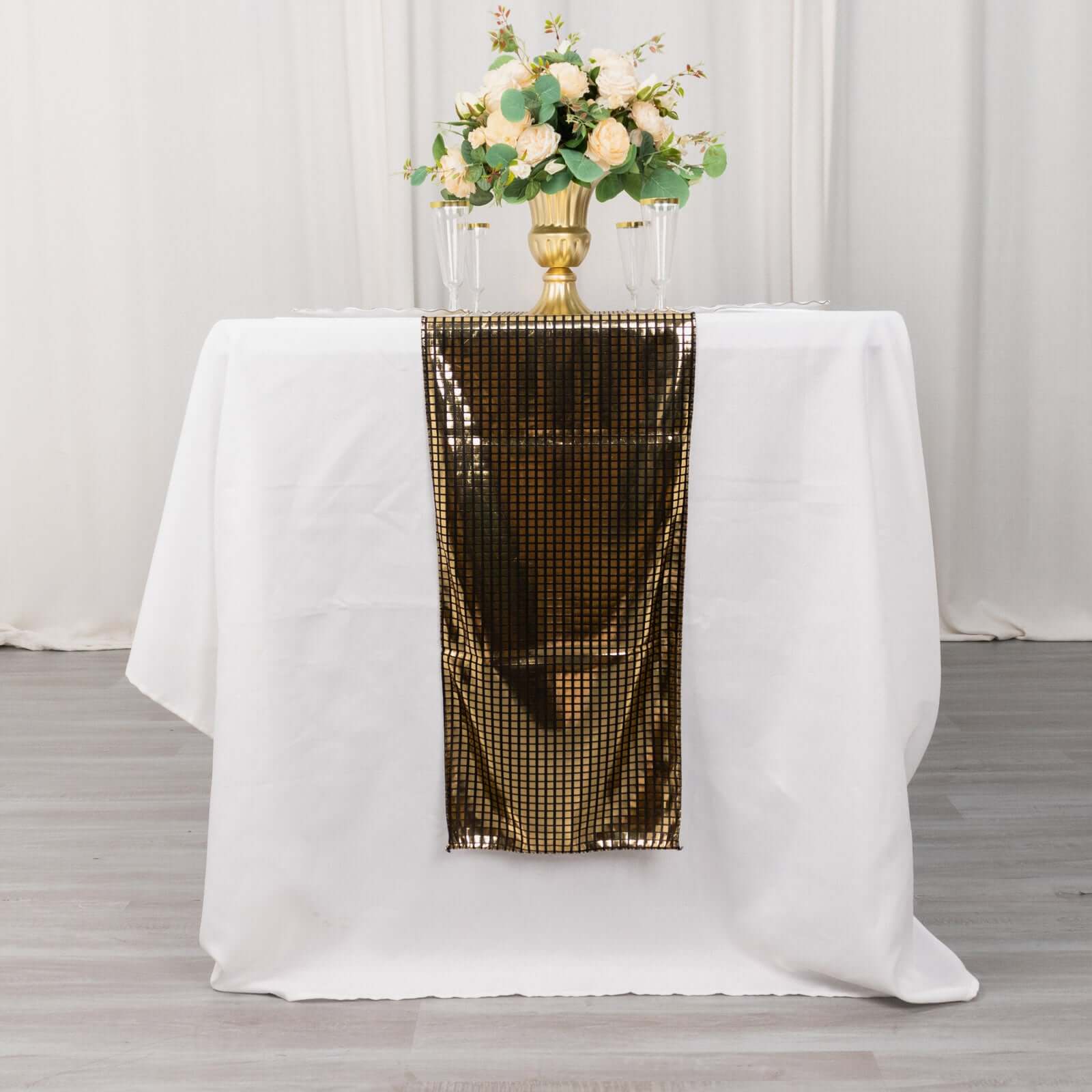 Mirror Foil Polyester 12"x108" Table Runner Black with Gold Metallic Square - Shiny Disco Theme Party Table Decor