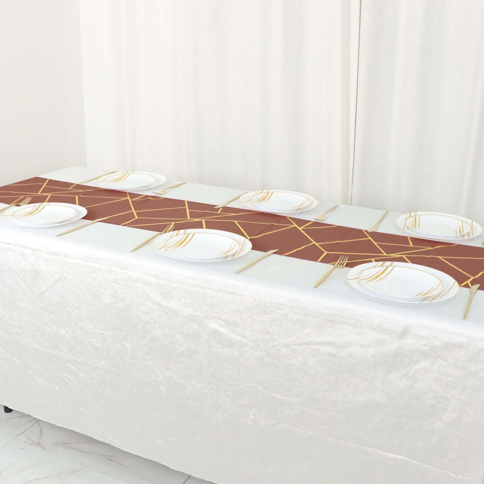 Polyester 9ft Table Runner Terracotta (Rust) with Gold Foil Modern Geometric Accent